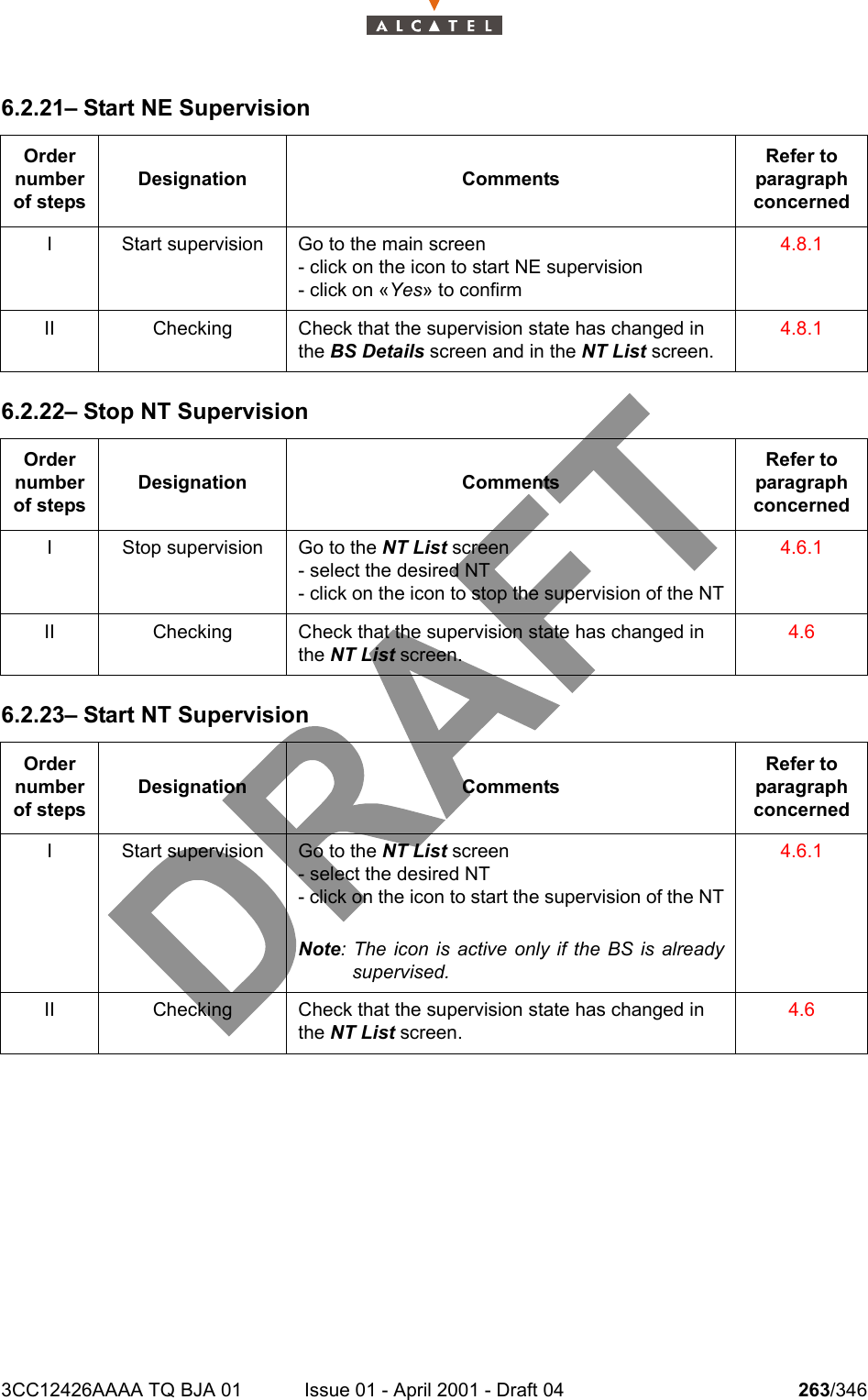 3CC12426AAAA TQ BJA 01 Issue 01 - April 2001 - Draft 04 263/3462786.2.21– Start NE Supervision6.2.22– Stop NT Supervision6.2.23– Start NT SupervisionOrder number of stepsDesignation CommentsRefer to   paragraph concernedI Start supervision Go to the main screen- click on the icon to start NE supervision- click on «Yes» to confirm4.8.1II Checking Check that the supervision state has changed in the BS Details screen and in the NT List screen. 4.8.1Order number of stepsDesignation CommentsRefer to   paragraph concernedI Stop supervision Go to the NT List screen- select the desired NT- click on the icon to stop the supervision of the NT4.6.1II Checking Check that the supervision state has changed in the NT List screen. 4.6Order number of stepsDesignation CommentsRefer to   paragraph concernedI Start supervision Go to the NT List screen- select the desired NT- click on the icon to start the supervision of the NTNote: The icon is active only if the BS is alreadysupervised.4.6.1II Checking Check that the supervision state has changed in the NT List screen. 4.6