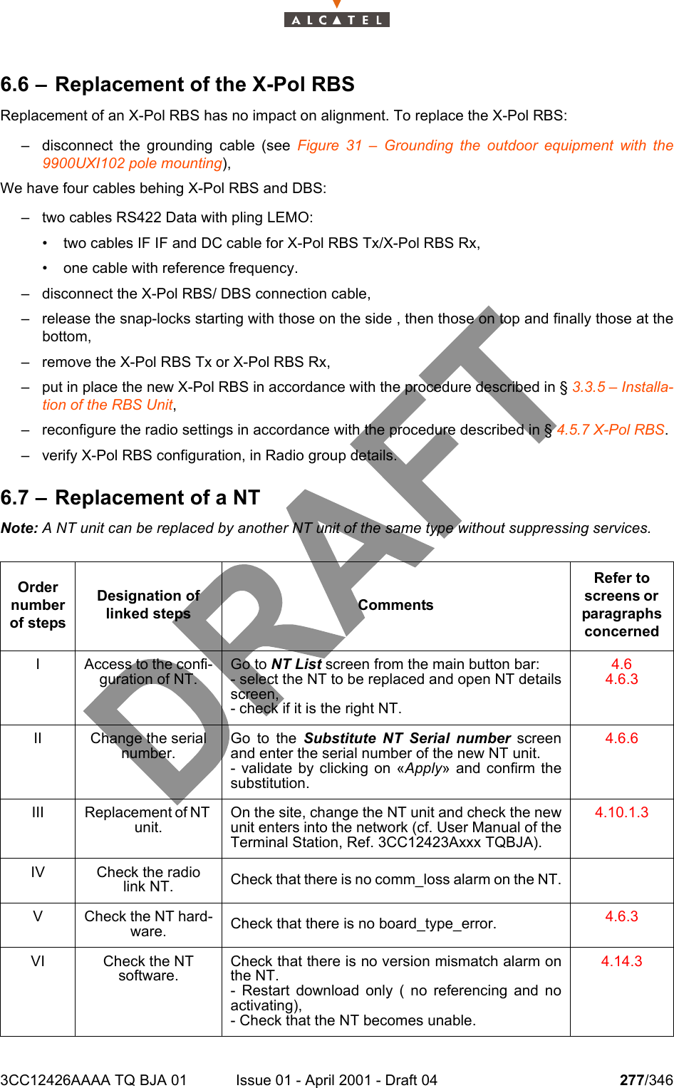 3CC12426AAAA TQ BJA 01 Issue 01 - April 2001 - Draft 04 277/3462786.6 – Replacement of the X-Pol RBSReplacement of an X-Pol RBS has no impact on alignment. To replace the X-Pol RBS:– disconnect the grounding cable (see Figure 31 – Grounding the outdoor equipment with the9900UXI102 pole mounting),We have four cables behing X-Pol RBS and DBS:– two cables RS422 Data with pling LEMO:• two cables IF IF and DC cable for X-Pol RBS Tx/X-Pol RBS Rx,• one cable with reference frequency.– disconnect the X-Pol RBS/ DBS connection cable,– release the snap-locks starting with those on the side , then those on top and finally those at thebottom,– remove the X-Pol RBS Tx or X-Pol RBS Rx,– put in place the new X-Pol RBS in accordance with the procedure described in § 3.3.5 – Installa-tion of the RBS Unit,– reconfigure the radio settings in accordance with the procedure described in § 4.5.7 X-Pol RBS.– verify X-Pol RBS configuration, in Radio group details.6.7 – Replacement of a NTNote: A NT unit can be replaced by another NT unit of the same type without suppressing services.Order number of stepsDesignation of linked steps CommentsRefer to screens or  paragraphs concernedI Access to the confi-guration of NT.Go to NT List screen from the main button bar:- select the NT to be replaced and open NT detailsscreen,- check if it is the right NT.4.64.6.3II Change the serial number.Go to the Substitute NT Serial number screenand enter the serial number of the new NT unit.- validate by clicking on «Apply» and confirm thesubstitution.4.6.6III Replacement of NT unit.On the site, change the NT unit and check the newunit enters into the network (cf. User Manual of theTerminal Station, Ref. 3CC12423Axxx TQBJA).4.10.1.3IV Check the radio link NT. Check that there is no comm_loss alarm on the NT.V Check the NT hard-ware. Check that there is no board_type_error. 4.6.3VI Check the NT software.Check that there is no version mismatch alarm onthe NT.- Restart download only ( no referencing and noactivating),- Check that the NT becomes unable.4.14.3