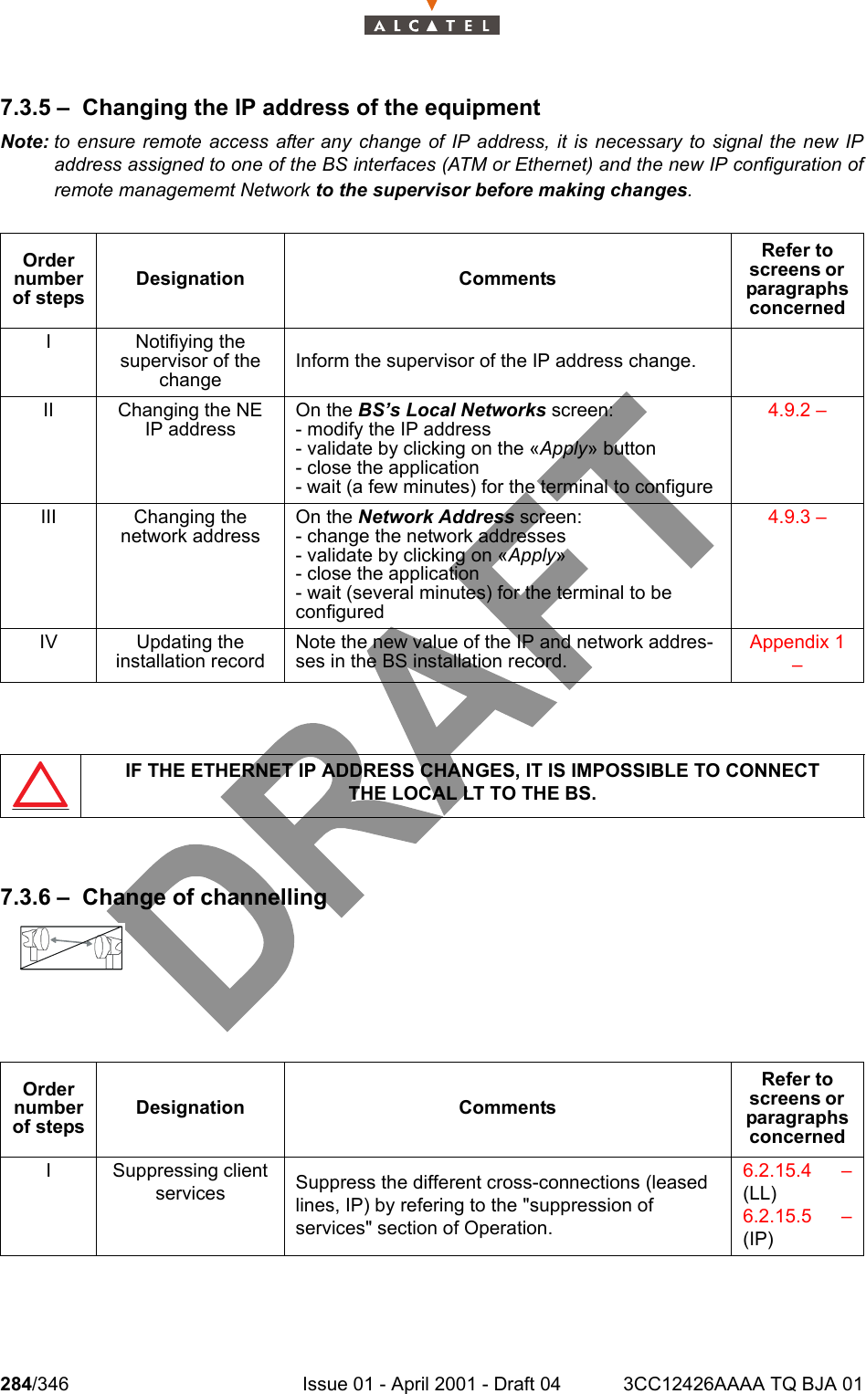 284/346 Issue 01 - April 2001 - Draft 04 3CC12426AAAA TQ BJA 013027.3.5 – Changing the IP address of the equipmentNote: to ensure remote access after any change of IP address, it is necessary to signal the new IPaddress assigned to one of the BS interfaces (ATM or Ethernet) and the new IP configuration ofremote managememt Network to the supervisor before making changes.7.3.6 – Change of channellingOrder number of stepsDesignation CommentsRefer to screens or  paragraphs concernedI Notifiying the supervisor of the changeInform the supervisor of the IP address change.II Changing the NE IP addressOn the BS’s Local Networks screen:- modify the IP address- validate by clicking on the «Apply» button- close the application- wait (a few minutes) for the terminal to configure4.9.2 – III Changing the network addressOn the Network Address screen:- change the network addresses- validate by clicking on «Apply»- close the application- wait (several minutes) for the terminal to be configured4.9.3 – IV Updating theinstallation recordNote the new value of the IP and network addres-ses in the BS installation record.Appendix 1 – IF THE ETHERNET IP ADDRESS CHANGES, IT IS IMPOSSIBLE TO CONNECTTHE LOCAL LT TO THE BS.Order number of stepsDesignation CommentsRefer to screens or  paragraphs concernedI Suppressing client services Suppress the different cross-connections (leased lines, IP) by refering to the &quot;suppression of services&quot; section of Operation.6.2.15.4 –(LL)6.2.15.5 –(IP)