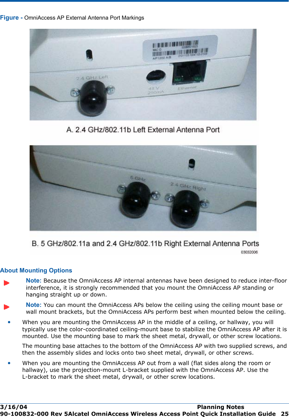 3/16/04 Planning Notes  90-100832-000 Rev 5Alcatel OmniAccess Wireless Access Point Quick Installation Guide 25Figure - OmniAccess AP External Antenna Port MarkingsAbout Mounting OptionsAbout Mounting OptionsNote: Because the OmniAccess AP internal antennas have been designed to reduce inter-floor interference, it is strongly recommended that you mount the OmniAccess AP standing or hanging straight up or down.Note: You can mount the OmniAccess APs below the ceiling using the ceiling mount base or wall mount brackets, but the OmniAccess APs perform best when mounted below the ceiling.•When you are mounting the OmniAccess AP in the middle of a ceiling, or hallway, you will typically use the color-coordinated ceiling-mount base to stabilize the OmniAccess AP after it is mounted. Use the mounting base to mark the sheet metal, drywall, or other screw locations.The mounting base attaches to the bottom of the OmniAccess AP with two supplied screws, and then the assembly slides and locks onto two sheet metal, drywall, or other screws. •When you are mounting the OmniAccess AP out from a wall (flat sides along the room or hallway), use the projection-mount L-bracket supplied with the OmniAccess AP. Use the L-bracket to mark the sheet metal, drywall, or other screw locations.