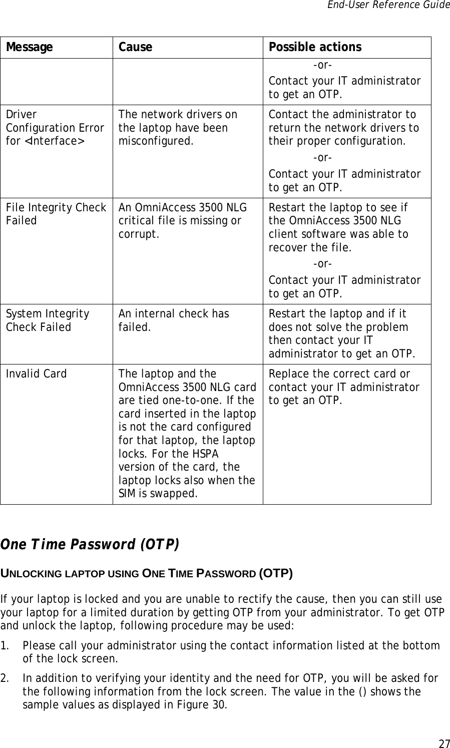 End-User Reference Guide      27   Message Cause  Possible actions              -or- Contact your IT administrator to get an OTP. Driver Configuration Error for &lt;Interface&gt; The network drivers on the laptop have been misconfigured. Contact the administrator to return the network drivers to their proper configuration.              -or- Contact your IT administrator to get an OTP. File Integrity Check Failed  An OmniAccess 3500 NLG critical file is missing or corrupt. Restart the laptop to see if the OmniAccess 3500 NLG client software was able to recover the file.              -or- Contact your IT administrator to get an OTP. System Integrity Check Failed  An internal check has failed.  Restart the laptop and if it does not solve the problem then contact your IT administrator to get an OTP. Invalid Card  The laptop and the OmniAccess 3500 NLG card are tied one-to-one. If the card inserted in the laptop is not the card configured for that laptop, the laptop locks. For the HSPA version of the card, the laptop locks also when the SIM is swapped.  Replace the correct card or contact your IT administrator to get an OTP.  One Time Password (OTP) UNLOCKING LAPTOP USING ONE TIME PASSWORD (OTP) If your laptop is locked and you are unable to rectify the cause, then you can still use your laptop for a limited duration by getting OTP from your administrator. To get OTP and unlock the laptop, following procedure may be used: 1. Please call your administrator using the contact information listed at the bottom of the lock screen.  2. In addition to verifying your identity and the need for OTP, you will be asked for the following information from the lock screen. The value in the () shows the sample values as displayed in Figure 30.  