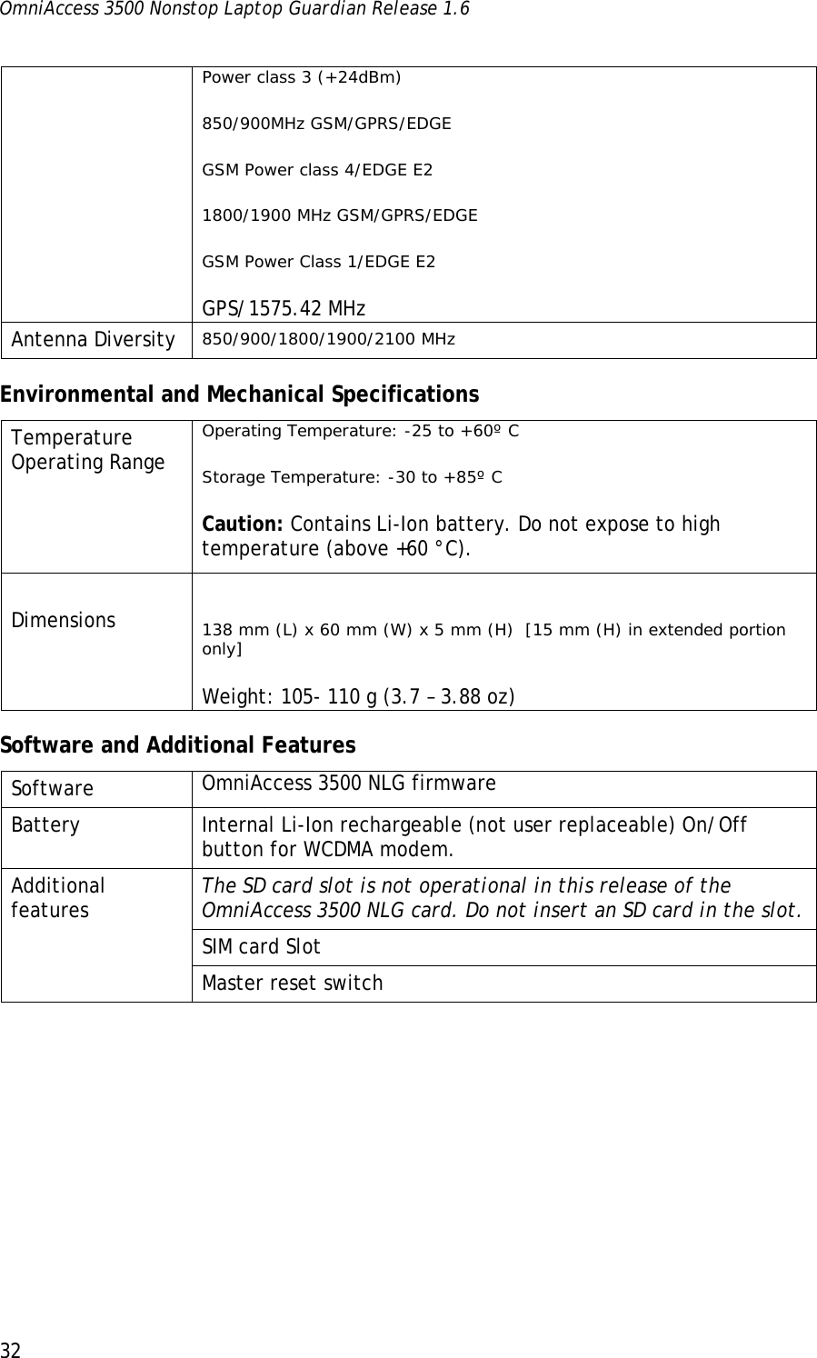 OmniAccess 3500 Nonstop Laptop Guardian Release 1.6  32 Power class 3 (+24dBm) 850/900MHz GSM/GPRS/EDGE GSM Power class 4/EDGE E2 1800/1900 MHz GSM/GPRS/EDGE GSM Power Class 1/EDGE E2 GPS/1575.42 MHz Antenna Diversity   850/900/1800/1900/2100 MHz   Environmental and Mechanical Specifications Temperature Operating Range  Operating Temperature: -25 to +60º C Storage Temperature: -30 to +85º C Caution: Contains Li-Ion battery. Do not expose to high temperature (above +60 °C).  Dimensions   138 mm (L) x 60 mm (W) x 5 mm (H)  [15 mm (H) in extended portion only] Weight: 105- 110 g (3.7 – 3.88 oz) Software and Additional Features Software  OmniAccess 3500 NLG firmware Battery  Internal Li-Ion rechargeable (not user replaceable) On/Off button for WCDMA modem. The SD card slot is not operational in this release of the OmniAccess 3500 NLG card. Do not insert an SD card in the slot.  SIM card Slot Additional features Master reset switch 