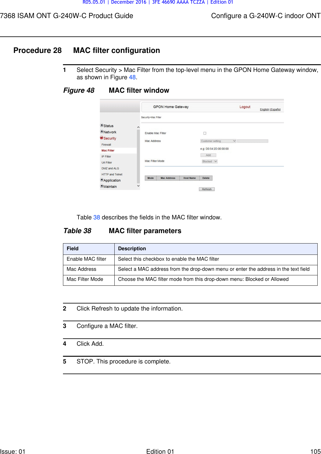 Page 105 of Alcatel Lucent Bell G240W-C GPON ONU User Manual 7368 ISAM ONT G 240W B Product Guide