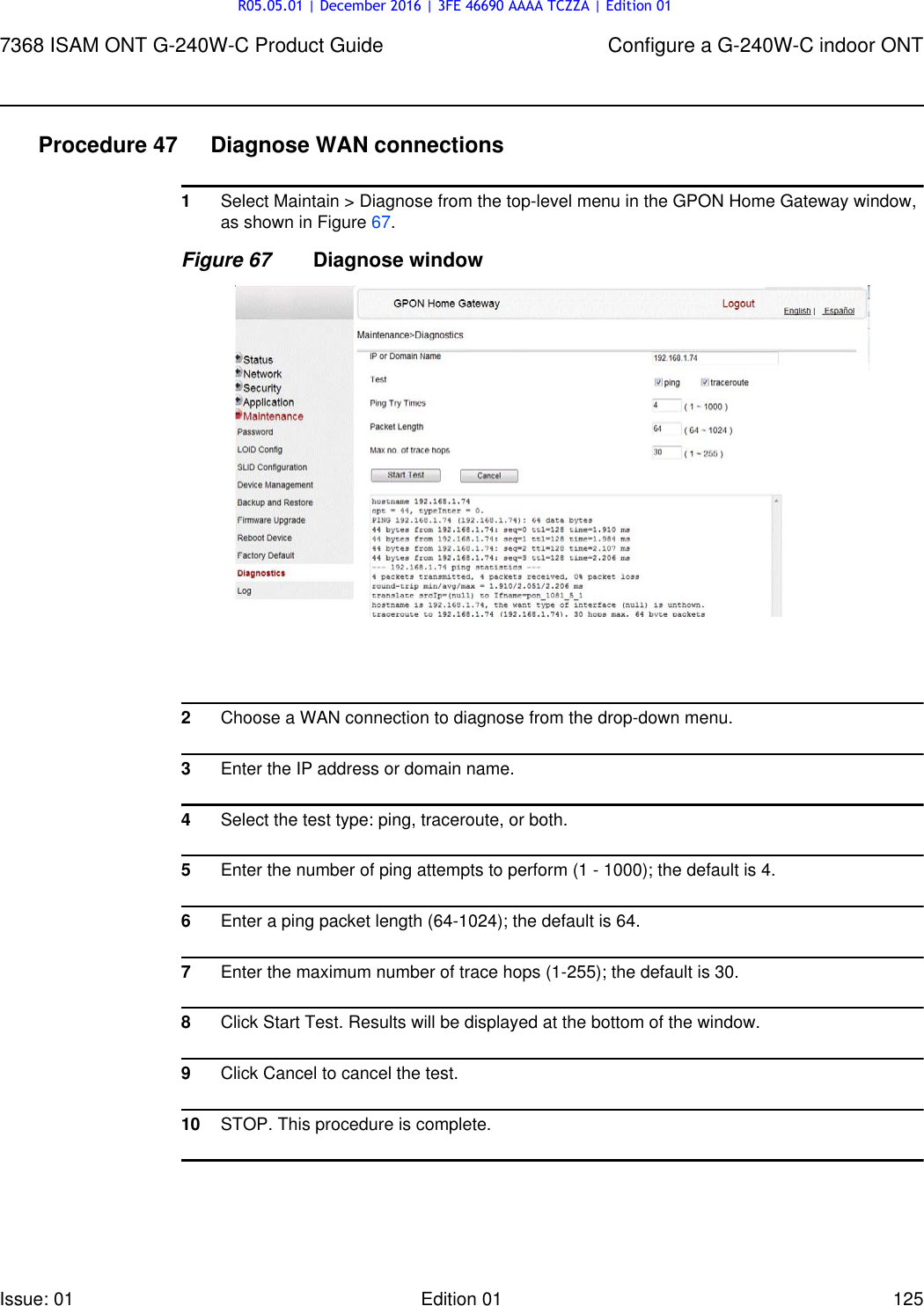 Page 125 of Alcatel Lucent Bell G240W-C GPON ONU User Manual 7368 ISAM ONT G 240W B Product Guide