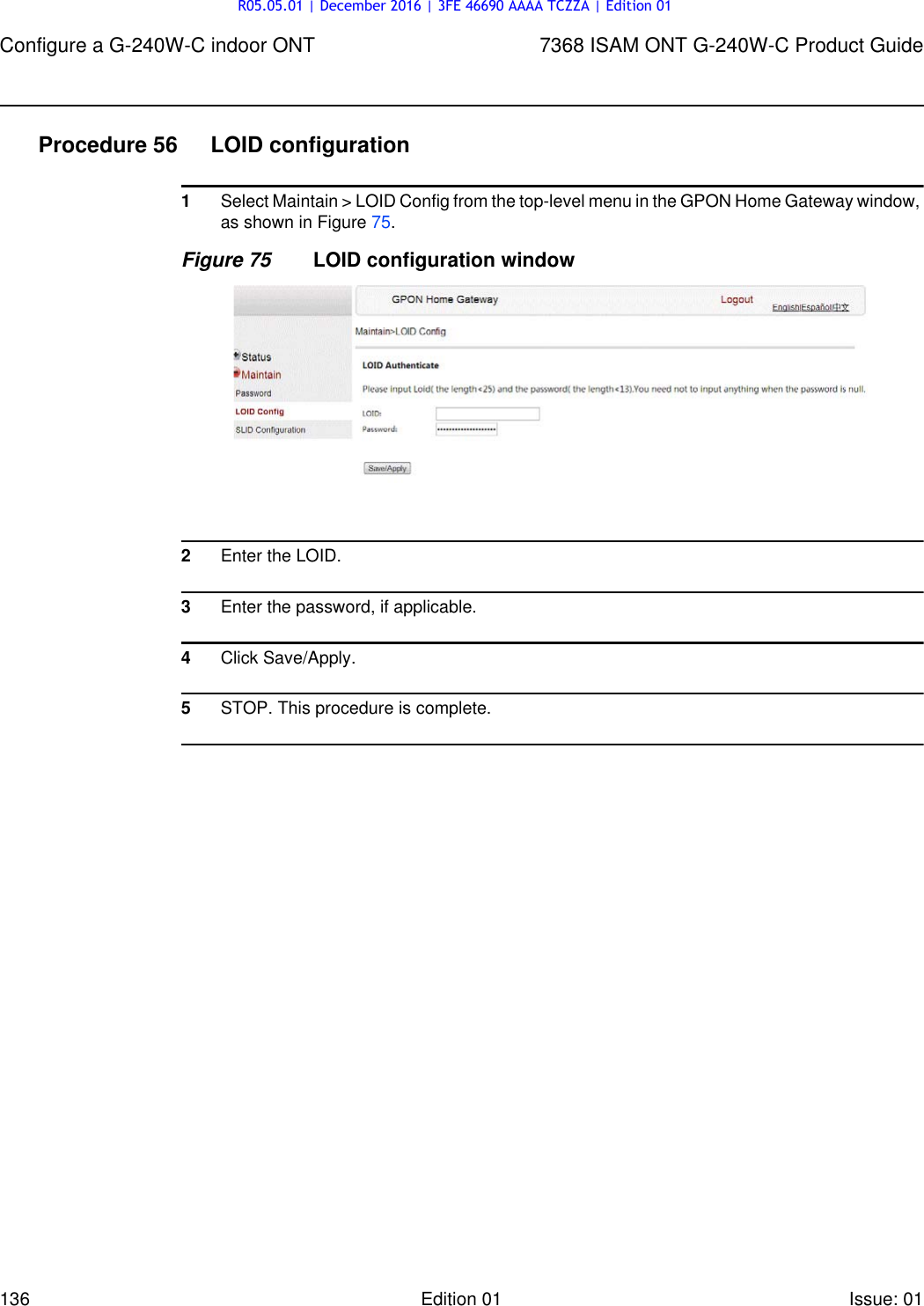 Page 136 of Alcatel Lucent Bell G240W-C GPON ONU User Manual 7368 ISAM ONT G 240W B Product Guide
