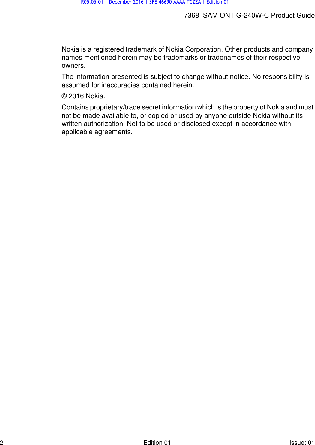 Page 2 of Alcatel Lucent Bell G240W-C GPON ONU User Manual 7368 ISAM ONT G 240W B Product Guide