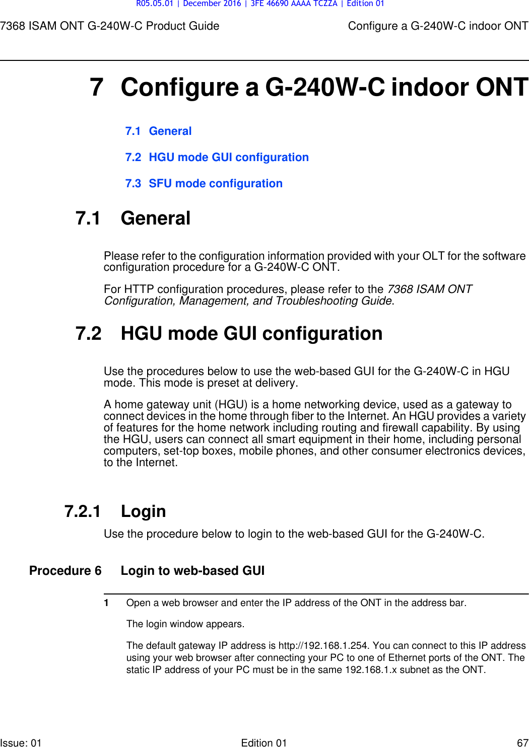 Page 67 of Alcatel Lucent Bell G240W-C GPON ONU User Manual 7368 ISAM ONT G 240W B Product Guide
