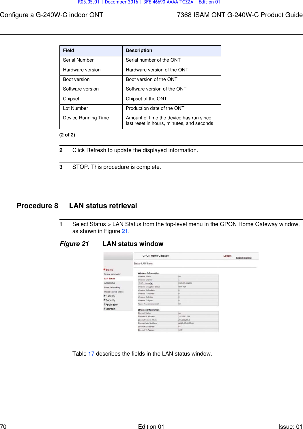 Page 70 of Alcatel Lucent Bell G240W-C GPON ONU User Manual 7368 ISAM ONT G 240W B Product Guide