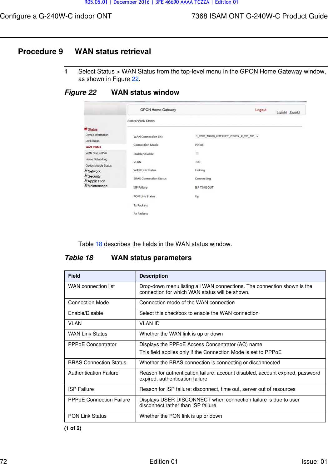Page 72 of Alcatel Lucent Bell G240W-C GPON ONU User Manual 7368 ISAM ONT G 240W B Product Guide
