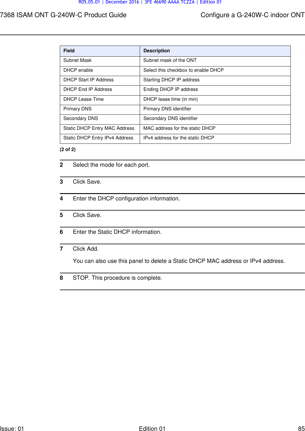 Page 85 of Alcatel Lucent Bell G240W-C GPON ONU User Manual 7368 ISAM ONT G 240W B Product Guide