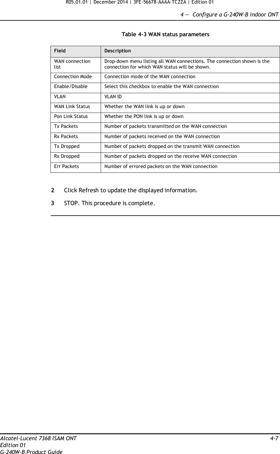 R05.01.01 | December 2014 | 3FE-56678-AAAA-TCZZA | Edition 01  4 —  Configure a G-240W-B indoor ONT   Table 4-3 WAN status parameters  Field Description WAN connection list Drop-down menu listing all WAN connections. The connection shown is the connection for which WAN status will be shown. Connection Mode Connection mode of the WAN connection Enable/Disable Select this checkbox to enable the WAN connection VLAN VLAN ID WAN Link Status Whether the WAN link is up or down Pon Link Status Whether the PON link is up or down Tx Packets Number of packets transmitted on the WAN connection Rx Packets Number of packets received on the WAN connection Tx Dropped Number of packets dropped on the transmit WAN connection Rx Dropped Number of packets dropped on the receive WAN connection Err Packets Number of errored packets on the WAN connection   2  Click Refresh to update the displayed information.  3  STOP. This procedure is complete.                                      Alcatel-Lucent 7368 ISAM ONT  4-7 Edition 01 G-240W-B Product Guide 