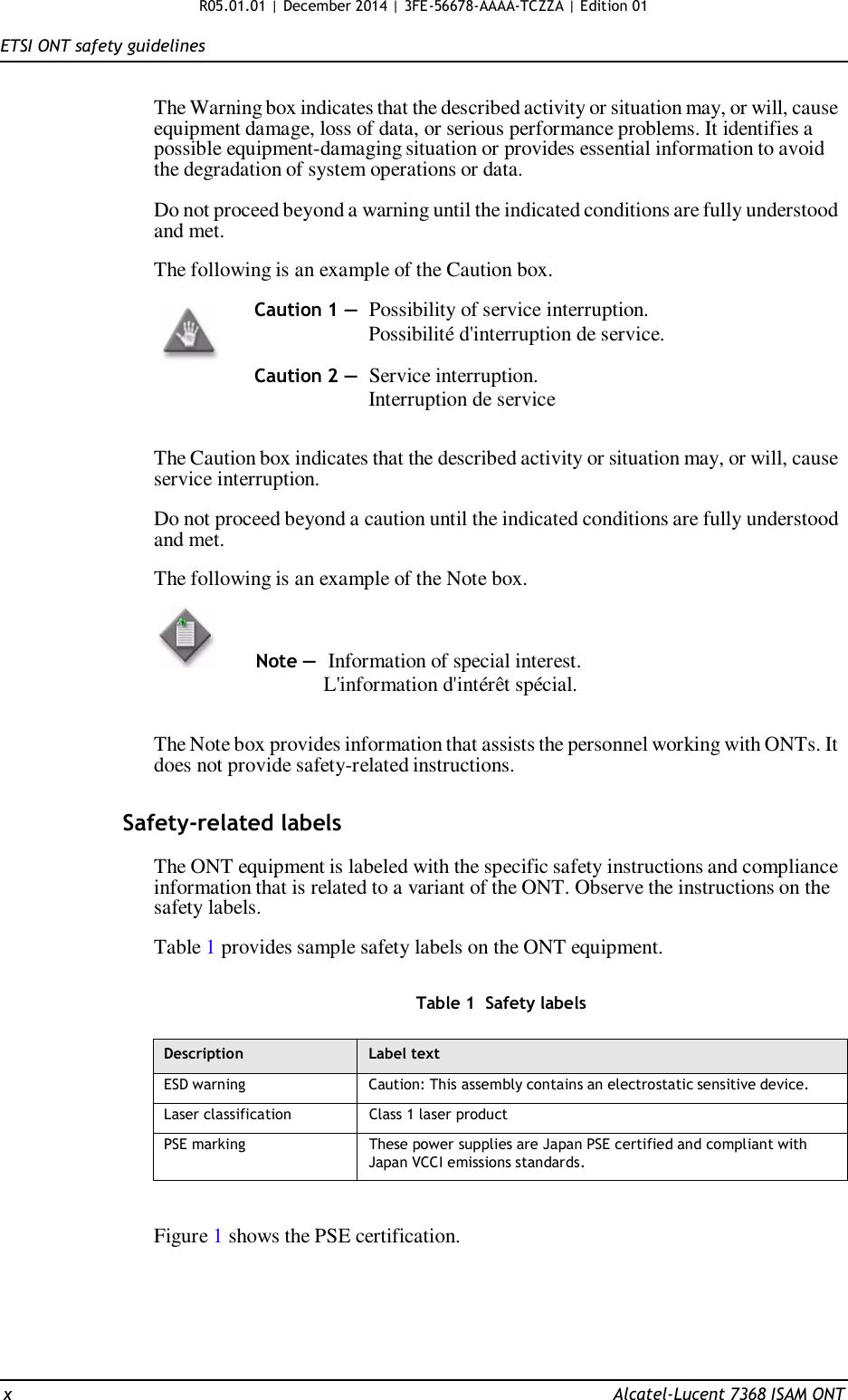 R05.01.01 | December 2014 | 3FE-56678-AAAA-TCZZA | Edition 01   ETSI ONT safety guidelines   The Warning box indicates that the described activity or situation may, or will, cause equipment damage, loss of data, or serious performance problems. It identifies a possible equipment-damaging situation or provides essential information to avoid the degradation of system operations or data.  Do not proceed beyond a warning until the indicated conditions are fully understood and met.  The following is an example of the Caution box.  Caution 1 — Possibility of service interruption.                     Possibilité d&apos;interruption de service.  Caution 2 — Service interruption. Interruption de service   The Caution box indicates that the described activity or situation may, or will, cause service interruption.  Do not proceed beyond a caution until the indicated conditions are fully understood and met.  The following is an example of the Note box.          Note —  Information of special interest. L&apos;information d&apos;intérêt spécial.   The Note box provides information that assists the personnel working with ONTs. It does not provide safety-related instructions.   Safety-related labels  The ONT equipment is labeled with the specific safety instructions and compliance information that is related to a variant of the ONT. Observe the instructions on the safety labels.  Table 1 provides sample safety labels on the ONT equipment.   Table 1  Safety labels  Description Label text ESD warning Caution: This assembly contains an electrostatic sensitive device. Laser classification Class 1 laser product PSE marking These power supplies are Japan PSE certified and compliant with Japan VCCI emissions standards.   Figure 1 shows the PSE certification.        x  Alcatel-Lucent 7368 ISAM ONT 