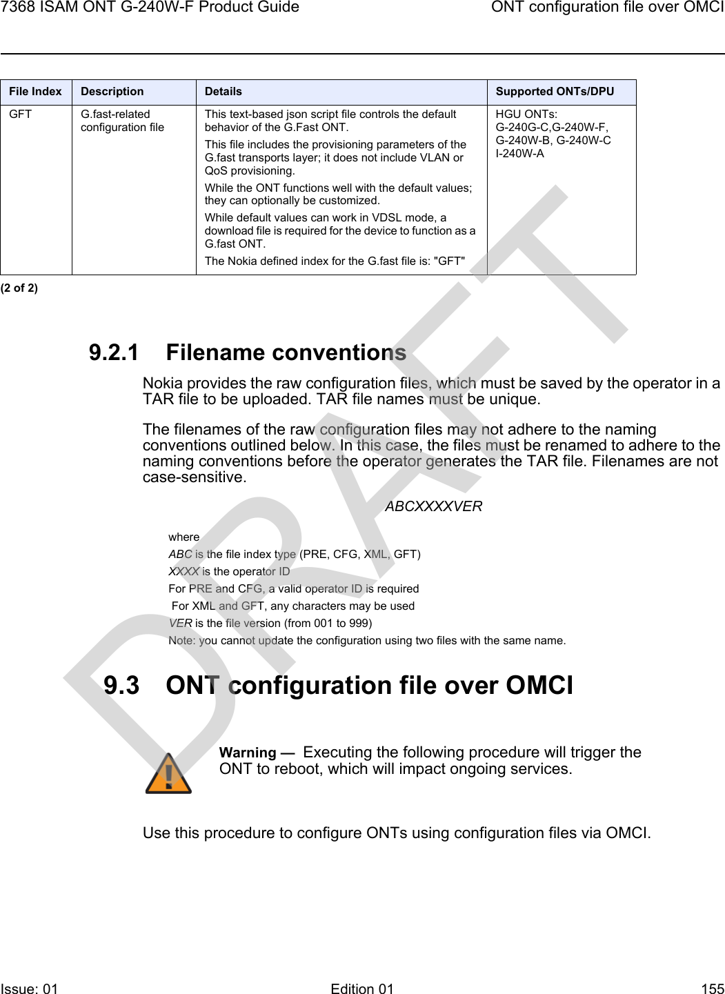 7368 ISAM ONT G-240W-F Product Guide ONT configuration file over OMCIIssue: 01 Edition 01 155 9.2.1 Filename conventionsNokia provides the raw configuration files, which must be saved by the operator in a TAR file to be uploaded. TAR file names must be unique.The filenames of the raw configuration files may not adhere to the naming conventions outlined below. In this case, the files must be renamed to adhere to the naming conventions before the operator generates the TAR file. Filenames are not case-sensitive.ABCXXXXVERwhereABC is the file index type (PRE, CFG, XML, GFT)XXXX is the operator IDFor PRE and CFG, a valid operator ID is required For XML and GFT, any characters may be usedVER is the file version (from 001 to 999) Note: you cannot update the configuration using two files with the same name.9.3 ONT configuration file over OMCIUse this procedure to configure ONTs using configuration files via OMCI.GFT G.fast-related configuration fileThis text-based json script file controls the default behavior of the G.Fast ONT. This file includes the provisioning parameters of the G.fast transports layer; it does not include VLAN or QoS provisioning. While the ONT functions well with the default values; they can optionally be customized. While default values can work in VDSL mode, a download file is required for the device to function as a G.fast ONT.The Nokia defined index for the G.fast file is: &quot;GFT&quot;HGU ONTs:G-240G-C,G-240W-F, G-240W-B, G-240W-C I-240W-AFile Index Description Details Supported ONTs/DPU(2 of 2)Warning —  Executing the following procedure will trigger the ONT to reboot, which will impact ongoing services.DRAFT