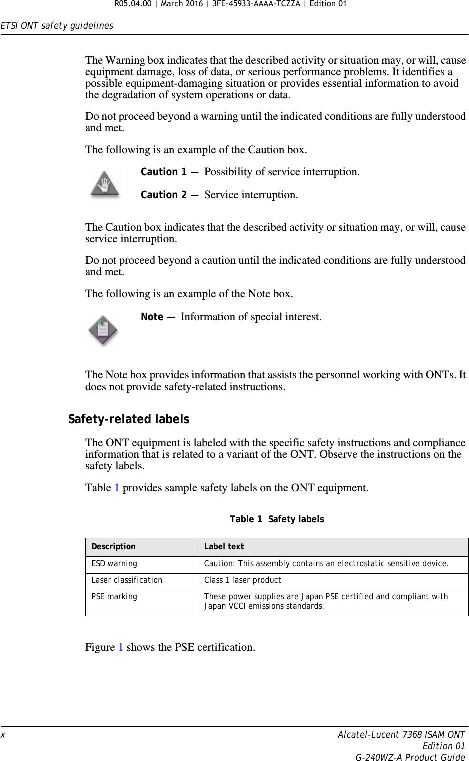 ETSI ONT safety guidelinesxAlcatel-Lucent 7368 ISAM ONTEdition 01G-240WZ-A Product GuideThe Warning box indicates that the described activity or situation may, or will, cause equipment damage, loss of data, or serious performance problems. It identifies a possible equipment-damaging situation or provides essential information to avoid the degradation of system operations or data.Do not proceed beyond a warning until the indicated conditions are fully understood and met.The following is an example of the Caution box.The Caution box indicates that the described activity or situation may, or will, cause service interruption.Do not proceed beyond a caution until the indicated conditions are fully understood and met.The following is an example of the Note box.The Note box provides information that assists the personnel working with ONTs. It does not provide safety-related instructions.Safety-related labelsThe ONT equipment is labeled with the specific safety instructions and compliance information that is related to a variant of the ONT. Observe the instructions on the safety labels.Table 1 provides sample safety labels on the ONT equipment.Table 1  Safety labelsFigure 1 shows the PSE certification.Caution 1 —  Possibility of service interruption.Caution 2 —  Service interruption.Note —  Information of special interest.Description Label textESD warning Caution: This assembly contains an electrostatic sensitive device.Laser classification Class 1 laser productPSE marking These power supplies are Japan PSE certified and compliant with Japan VCCI emissions standards.R05.04.00 | March 2016 | 3FE-45933-AAAA-TCZZA | Edition 01 