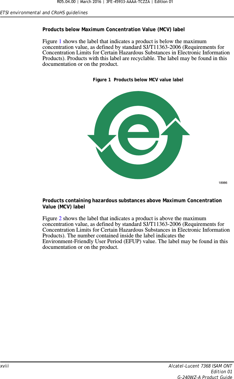 ETSI environmental and CRoHS guidelinesxviii Alcatel-Lucent 7368 ISAM ONTEdition 01G-240WZ-A Product GuideProducts below Maximum Concentration Value (MCV) labelFigure 1 shows the label that indicates a product is below the maximum concentration value, as defined by standard SJ/T11363-2006 (Requirements for Concentration Limits for Certain Hazardous Substances in Electronic Information Products). Products with this label are recyclable. The label may be found in this documentation or on the product.Figure 1  Products below MCV value labelProducts containing hazardous substances above Maximum Concentration Value (MCV) labelFigure 2 shows the label that indicates a product is above the maximum concentration value, as defined by standard SJ/T11363-2006 (Requirements for Concentration Limits for Certain Hazardous Substances in Electronic Information Products). The number contained inside the label indicates the Environment-Friendly User Period (EFUP) value. The label may be found in this documentation or on the product.18986R05.04.00 | March 2016 | 3FE-45933-AAAA-TCZZA | Edition 01 