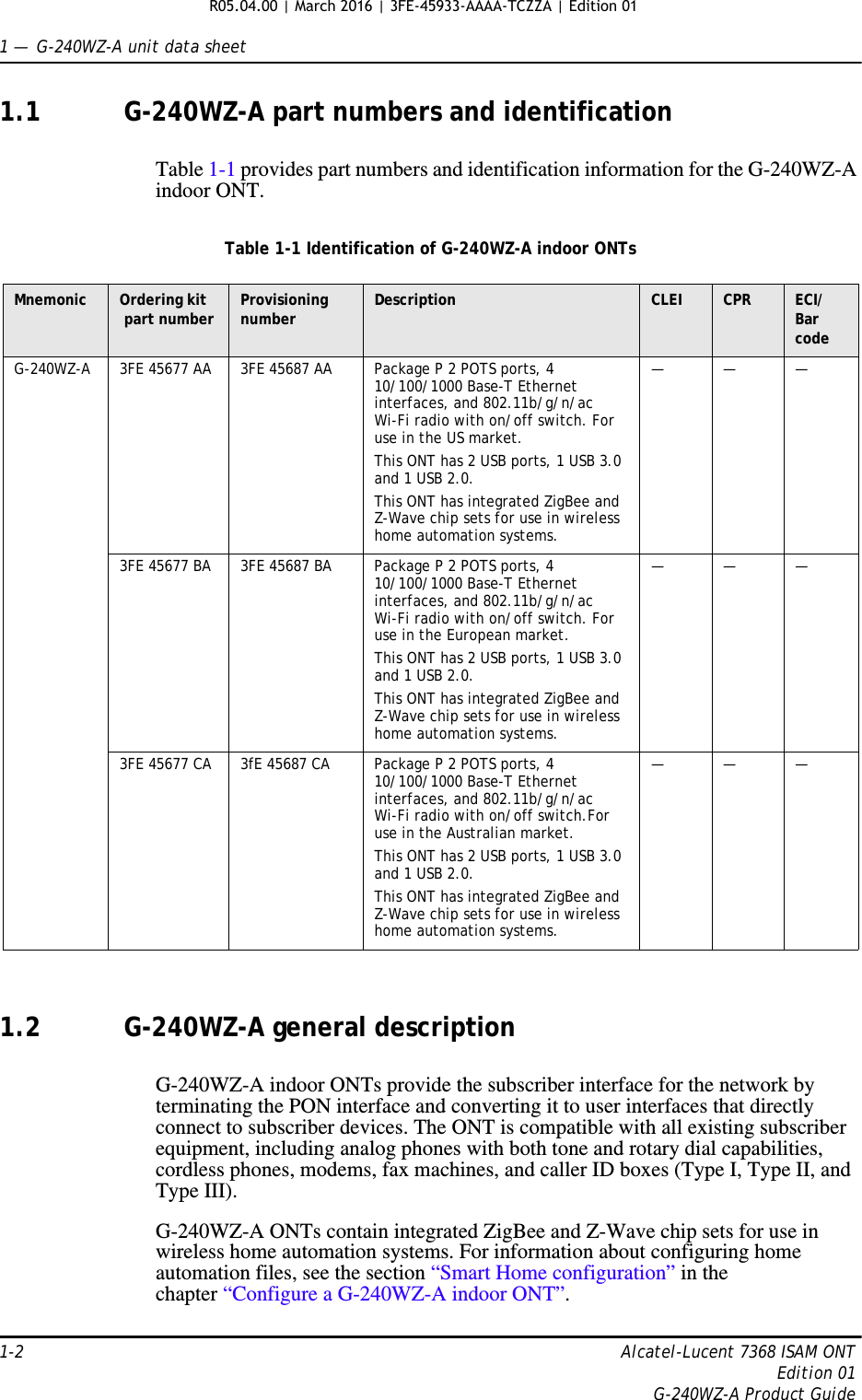 1 —  G-240WZ-A unit data sheet1-2 Alcatel-Lucent 7368 ISAM ONTEdition 01G-240WZ-A Product Guide1.1 G-240WZ-A part numbers and identificationTable 1-1 provides part numbers and identification information for the G-240WZ-A indoor ONT.Table 1-1 Identification of G-240WZ-A indoor ONTs1.2 G-240WZ-A general descriptionG-240WZ-A indoor ONTs provide the subscriber interface for the network by terminating the PON interface and converting it to user interfaces that directly connect to subscriber devices. The ONT is compatible with all existing subscriber equipment, including analog phones with both tone and rotary dial capabilities, cordless phones, modems, fax machines, and caller ID boxes (Type I, Type II, and Type III). G-240WZ-A ONTs contain integrated ZigBee and Z-Wave chip sets for use in wireless home automation systems. For information about configuring home automation files, see the section “Smart Home configuration” in the chapter “Configure a G-240WZ-A indoor ONT”.Mnemonic Ordering kit part number Provisioning number Description CLEI CPR ECI/Bar codeG-240WZ-A 3FE 45677 AA 3FE 45687 AA Package P 2 POTS ports, 4 10/100/1000 Base-T Ethernet interfaces, and 802.11b/g/n/ac Wi-Fi radio with on/off switch. For use in the US market.This ONT has 2 USB ports, 1 USB 3.0 and 1 USB 2.0.This ONT has integrated ZigBee and Z-Wave chip sets for use in wireless home automation systems.———3FE 45677 BA 3FE 45687 BA Package P 2 POTS ports, 4 10/100/1000 Base-T Ethernet interfaces, and 802.11b/g/n/ac Wi-Fi radio with on/off switch. For use in the European market.This ONT has 2 USB ports, 1 USB 3.0 and 1 USB 2.0.This ONT has integrated ZigBee and Z-Wave chip sets for use in wireless home automation systems.———3FE 45677 CA 3fE 45687 CA Package P 2 POTS ports, 4 10/100/1000 Base-T Ethernet interfaces, and 802.11b/g/n/ac Wi-Fi radio with on/off switch.For use in the Australian market.This ONT has 2 USB ports, 1 USB 3.0 and 1 USB 2.0.This ONT has integrated ZigBee and Z-Wave chip sets for use in wireless home automation systems.———R05.04.00 | March 2016 | 3FE-45933-AAAA-TCZZA | Edition 01 