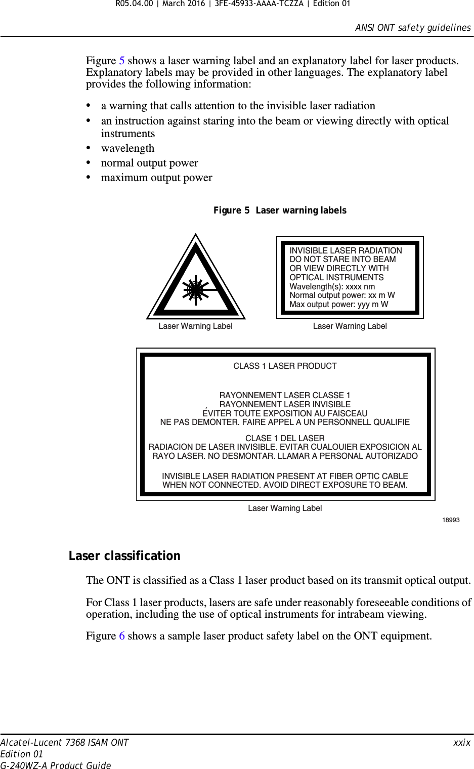 ANSI ONT safety guidelinesAlcatel-Lucent 7368 ISAM ONT   xxixEdition 01G-240WZ-A Product GuideFigure 5 shows a laser warning label and an explanatory label for laser products. Explanatory labels may be provided in other languages. The explanatory label provides the following information: •a warning that calls attention to the invisible laser radiation•an instruction against staring into the beam or viewing directly with optical instruments•wavelength•normal output power•maximum output powerFigure 5  Laser warning labelsLaser classificationThe ONT is classified as a Class 1 laser product based on its transmit optical output. For Class 1 laser products, lasers are safe under reasonably foreseeable conditions of operation, including the use of optical instruments for intrabeam viewing.Figure 6 shows a sample laser product safety label on the ONT equipment.INVISIBLE LASER RADIATIONDO NOT STARE INTO BEAMOR VIEW DIRECTLY WITHOPTICAL INSTRUMENTSWavelength(s): xxxx nmNormal output power: xx m WMax output power: yyy m WLaser Warning Label Laser Warning LabelCLASS 1 LASER PRODUCTINVISIBLE LASER RADIATION PRESENT AT FIBER OPTIC CABLEWHEN NOT CONNECTED. AVOID DIRECT EXPOSURE TO BEAM.RAYONNEMENT LASER CLASSE 1RAYONNEMENT LASER INVISIBLEEVITER TOUTE EXPOSITION AU FAISCEAUNE PAS DEMONTER. FAIRE APPEL A UN PERSONNELL QUALIFIECLASE 1 DEL LASERRADIACION DE LASER INVISIBLE. EVITAR CUALOUIER EXPOSICION ALRAYO LASER. NO DESMONTAR. LLAMAR A PERSONAL AUTORIZADOLaser Warning Label18993&apos;R05.04.00 | March 2016 | 3FE-45933-AAAA-TCZZA | Edition 01 