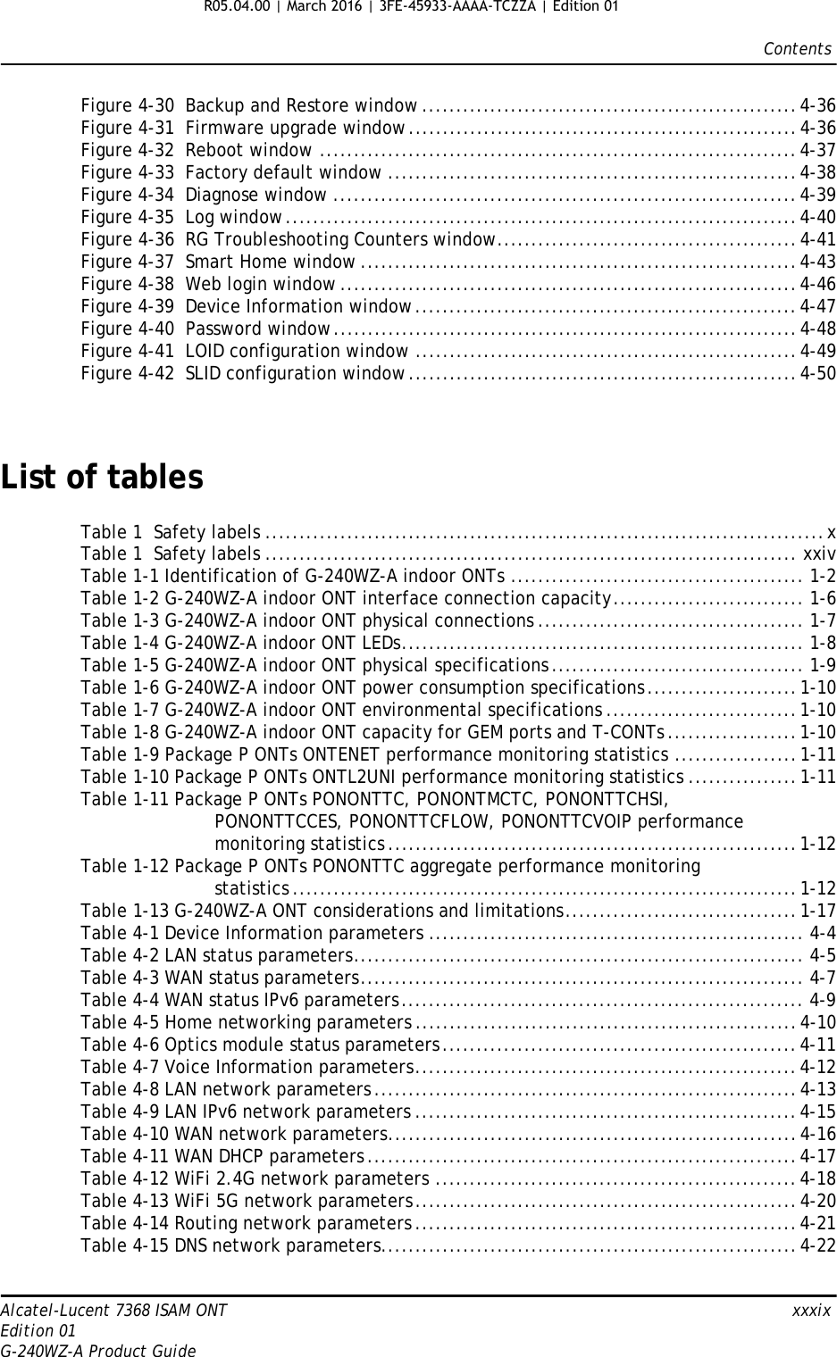 ContentsAlcatel-Lucent 7368 ISAM ONT   xxxixEdition 01G-240WZ-A Product GuideFigure 4-30  Backup and Restore window .......................................................4-36Figure 4-31  Firmware upgrade window.........................................................4-36Figure 4-32  Reboot window ......................................................................4-37Figure 4-33  Factory default window ............................................................4-38Figure 4-34  Diagnose window ....................................................................4-39Figure 4-35  Log window...........................................................................4-40Figure 4-36  RG Troubleshooting Counters window............................................4-41Figure 4-37  Smart Home window ................................................................4-43Figure 4-38  Web login window ...................................................................4-46Figure 4-39  Device Information window........................................................4-47Figure 4-40  Password window....................................................................4-48Figure 4-41  LOID configuration window ........................................................4-49Figure 4-42  SLID configuration window.........................................................4-50List of tablesTable 1  Safety labels ..................................................................................xTable 1  Safety labels .............................................................................. xxivTable 1-1 Identification of G-240WZ-A indoor ONTs ........................................... 1-2Table 1-2 G-240WZ-A indoor ONT interface connection capacity............................ 1-6Table 1-3 G-240WZ-A indoor ONT physical connections ....................................... 1-7Table 1-4 G-240WZ-A indoor ONT LEDs........................................................... 1-8Table 1-5 G-240WZ-A indoor ONT physical specifications..................................... 1-9Table 1-6 G-240WZ-A indoor ONT power consumption specifications......................1-10Table 1-7 G-240WZ-A indoor ONT environmental specifications ............................1-10Table 1-8 G-240WZ-A indoor ONT capacity for GEM ports and T-CONTs ...................1-10Table 1-9 Package P ONTs ONTENET performance monitoring statistics ..................1-11Table 1-10 Package P ONTs ONTL2UNI performance monitoring statistics ................1-11Table 1-11 Package P ONTs PONONTTC, PONONTMCTC, PONONTTCHSI,PONONTTCCES, PONONTTCFLOW, PONONTTCVOIP performancemonitoring statistics ............................................................1-12Table 1-12 Package P ONTs PONONTTC aggregate performance monitoringstatistics ..........................................................................1-12Table 1-13 G-240WZ-A ONT considerations and limitations..................................1-17Table 4-1 Device Information parameters ....................................................... 4-4Table 4-2 LAN status parameters.................................................................. 4-5Table 4-3 WAN status parameters................................................................. 4-7Table 4-4 WAN status IPv6 parameters........................................................... 4-9Table 4-5 Home networking parameters ........................................................4-10Table 4-6 Optics module status parameters....................................................4-11Table 4-7 Voice Information parameters........................................................4-12Table 4-8 LAN network parameters ..............................................................4-13Table 4-9 LAN IPv6 network parameters ........................................................4-15Table 4-10 WAN network parameters............................................................4-16Table 4-11 WAN DHCP parameters ...............................................................4-17Table 4-12 WiFi 2.4G network parameters .....................................................4-18Table 4-13 WiFi 5G network parameters........................................................4-20Table 4-14 Routing network parameters ........................................................4-21Table 4-15 DNS network parameters.............................................................4-22R05.04.00 | March 2016 | 3FE-45933-AAAA-TCZZA | Edition 01 