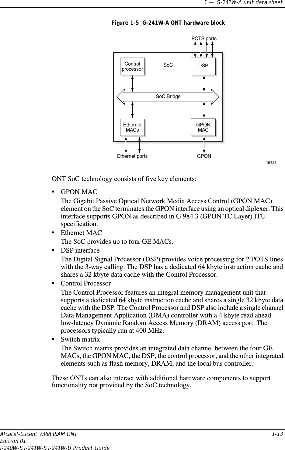 1 —  G-241W-A unit data sheetAlcatel-Lucent 7368 ISAM ONT 1-13Edition 01I-240W-S I-241W-S I-241W-U Product GuideFigure 1-5  G-241W-A ONT hardware blockONT SoC technology consists of five key elements:•GPON MACThe Gigabit Passive Optical Network Media Access Control (GPON MAC) element on the SoC terminates the GPON interface using an optical diplexer. This interface supports GPON as described in G.984.3 (GPON TC Layer) ITU specification. •Ethernet MACThe SoC provides up to four GE MACs.•DSP interfaceThe Digital Signal Processor (DSP) provides voice processing for 2 POTS lines with the 3-way calling. The DSP has a dedicated 64 kbyte instruction cache and shares a 32 kbyte data cache with the Control Processor. •Control ProcessorThe Control Processor features an integral memory management unit that supports a dedicated 64 kbyte instruction cache and shares a single 32 kbyte data cache with the DSP. The Control Processor and DSP also include a single channel Data Management Application (DMA) controller with a 4 kbyte read ahead low-latency Dynamic Random Access Memory (DRAM) access port. The processors typically run at 400 MHz. •Switch matrixThe Switch matrix provides an integrated data channel between the four GE MACs, the GPON MAC, the DSP, the control processor, and the other integrated elements such as flash memory, DRAM, and the local bus controller.These ONTs can also interact with additional hardware components to support functionality not provided by the SoC technology.ControlprocessorEthernetMACsEthernet ports GPONPOTS portsDSPGPONMACSoC19421SoC Bridge