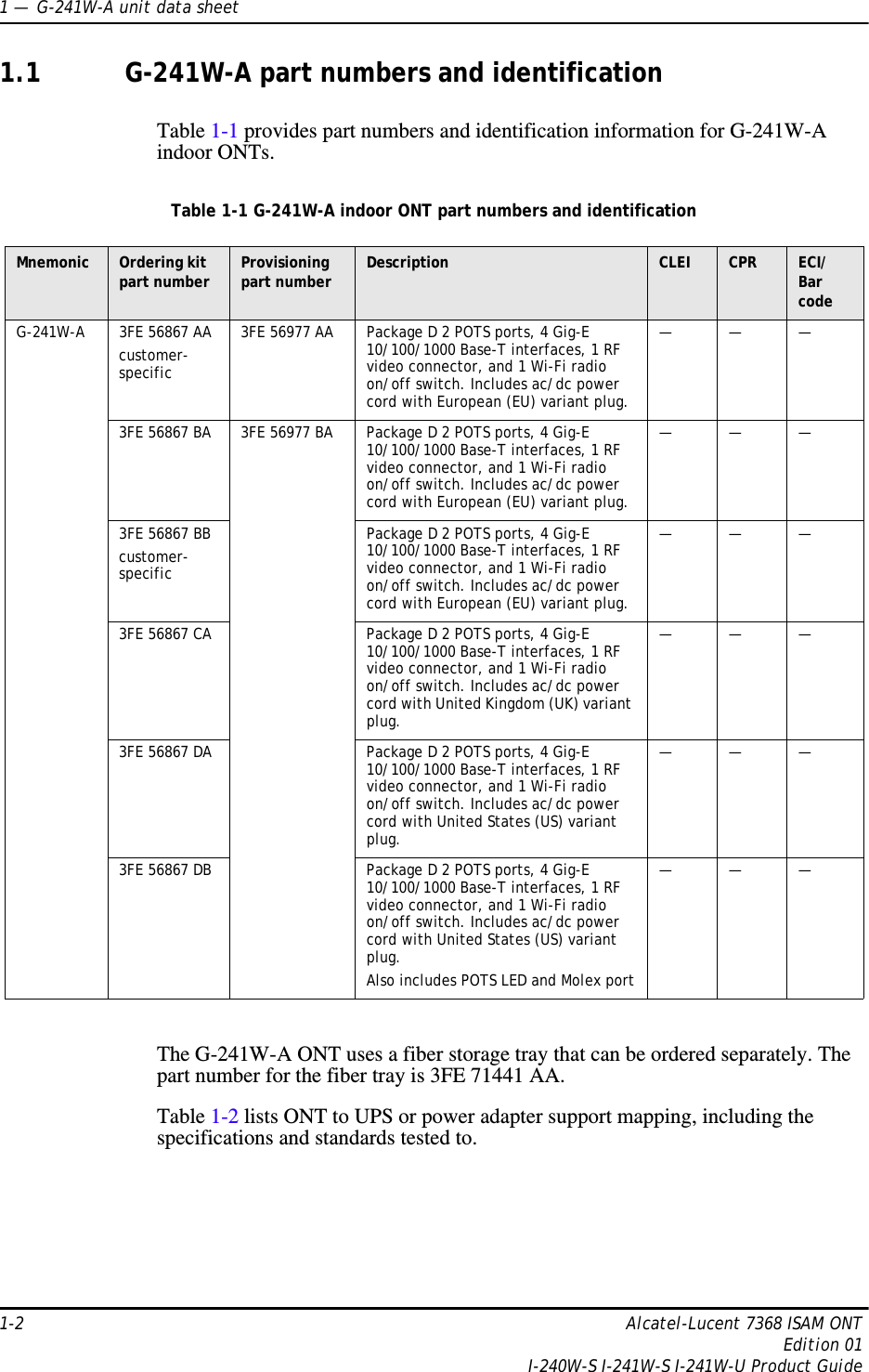 1 —  G-241W-A unit data sheet1-2 Alcatel-Lucent 7368 ISAM ONTEdition 01I-240W-S I-241W-S I-241W-U Product Guide1.1 G-241W-A part numbers and identificationTable 1-1 provides part numbers and identification information for G-241W-A indoor ONTs.Table 1-1 G-241W-A indoor ONT part numbers and identificationThe G-241W-A ONT uses a fiber storage tray that can be ordered separately. The part number for the fiber tray is 3FE 71441 AA.Table 1-2 lists ONT to UPS or power adapter support mapping, including the specifications and standards tested to.Mnemonic Ordering kit part number Provisioning part number  Description CLEI CPR ECI/Bar codeG-241W-A 3FE 56867 AAcustomer-specific3FE 56977 AA Package D 2 POTS ports, 4 Gig-E 10/100/1000 Base-T interfaces, 1 RF video connector, and 1 Wi-Fi radio on/off switch. Includes ac/dc power cord with European (EU) variant plug.———3FE 56867 BA 3FE 56977 BA Package D 2 POTS ports, 4 Gig-E 10/100/1000 Base-T interfaces, 1 RF video connector, and 1 Wi-Fi radio on/off switch. Includes ac/dc power cord with European (EU) variant plug.———3FE 56867 BBcustomer-specificPackage D 2 POTS ports, 4 Gig-E 10/100/1000 Base-T interfaces, 1 RF video connector, and 1 Wi-Fi radio on/off switch. Includes ac/dc power cord with European (EU) variant plug.———3FE 56867 CA Package D 2 POTS ports, 4 Gig-E 10/100/1000 Base-T interfaces, 1 RF video connector, and 1 Wi-Fi radio on/off switch. Includes ac/dc power cord with United Kingdom (UK) variant plug.———3FE 56867 DA Package D 2 POTS ports, 4 Gig-E 10/100/1000 Base-T interfaces, 1 RF video connector, and 1 Wi-Fi radio on/off switch. Includes ac/dc power cord with United States (US) variant plug.———3FE 56867 DB Package D 2 POTS ports, 4 Gig-E 10/100/1000 Base-T interfaces, 1 RF video connector, and 1 Wi-Fi radio on/off switch. Includes ac/dc power cord with United States (US) variant plug.Also includes POTS LED and Molex port———