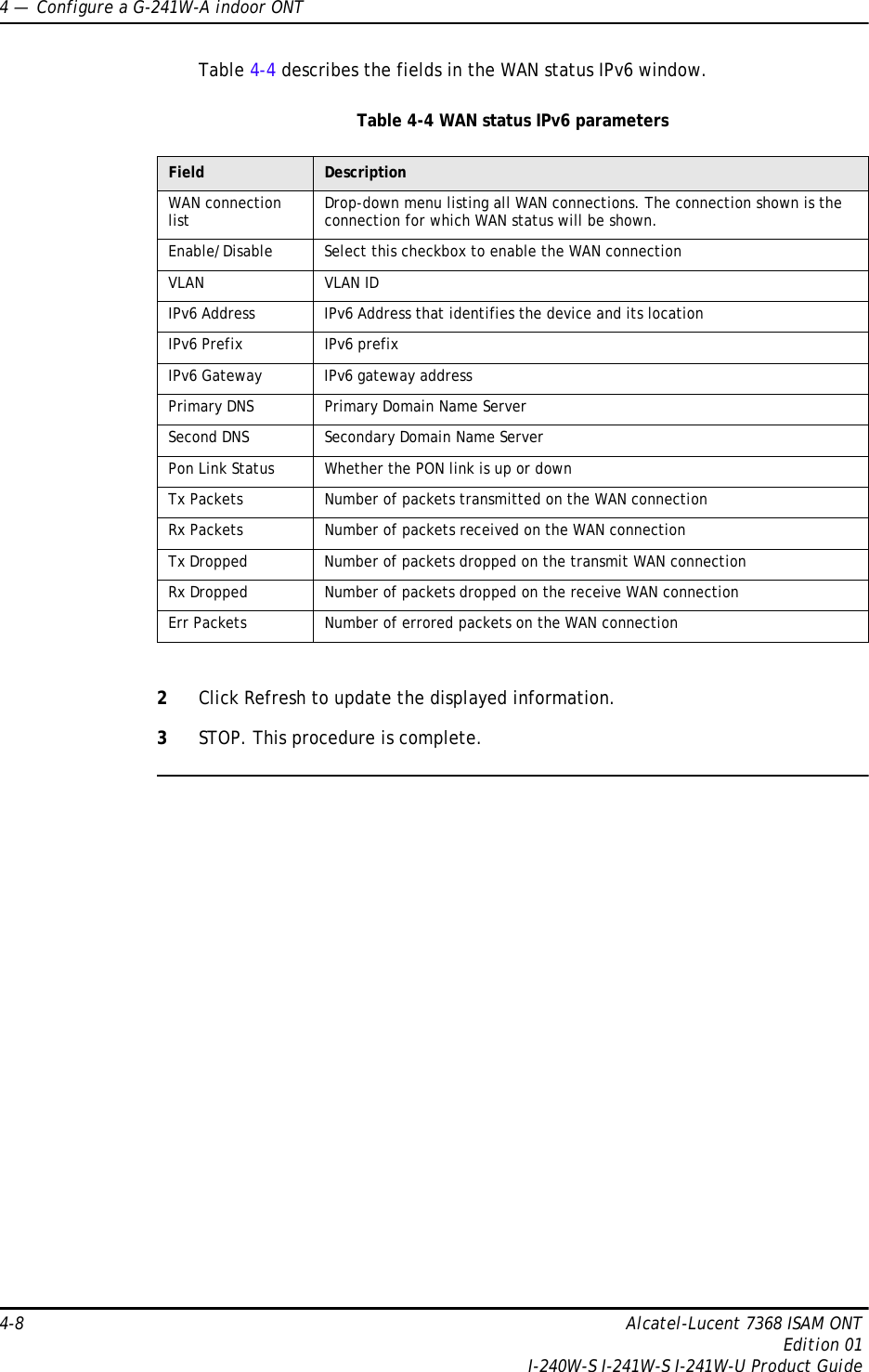 4 —  Configure a G-241W-A indoor ONT4-8 Alcatel-Lucent 7368 ISAM ONTEdition 01I-240W-S I-241W-S I-241W-U Product GuideTable 4-4 describes the fields in the WAN status IPv6 window.Table 4-4 WAN status IPv6 parameters2Click Refresh to update the displayed information. 3STOP. This procedure is complete.Field DescriptionWAN connection list Drop-down menu listing all WAN connections. The connection shown is the connection for which WAN status will be shown.Enable/Disable Select this checkbox to enable the WAN connectionVLAN VLAN IDIPv6 Address IPv6 Address that identifies the device and its locationIPv6 Prefix IPv6 prefixIPv6 Gateway IPv6 gateway addressPrimary DNS Primary Domain Name ServerSecond DNS Secondary Domain Name ServerPon Link Status Whether the PON link is up or downTx Packets Number of packets transmitted on the WAN connectionRx Packets Number of packets received on the WAN connectionTx Dropped Number of packets dropped on the transmit WAN connectionRx Dropped Number of packets dropped on the receive WAN connectionErr Packets Number of errored packets on the WAN connection