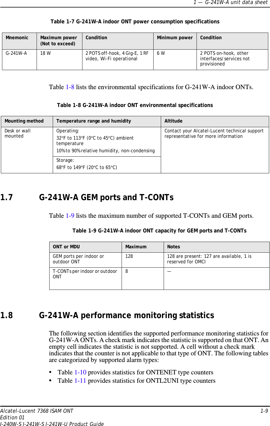 1 —  G-241W-A unit data sheetAlcatel-Lucent 7368 ISAM ONT 1-9Edition 01I-240W-S I-241W-S I-241W-U Product GuideTable 1-7 G-241W-A indoor ONT power consumption specificationsTable 1-8 lists the environmental specifications for G-241W-A indoor ONTs.Table 1-8 G-241W-A indoor ONT environmental specifications1.7 G-241W-A GEM ports and T-CONTsTable 1-9 lists the maximum number of supported T-CONTs and GEM ports. Table 1-9 G-241W-A indoor ONT capacity for GEM ports and T-CONTs1.8 G-241W-A performance monitoring statisticsThe following section identifies the supported performance monitoring statistics for G-241W-A ONTs. A check mark indicates the statistic is supported on that ONT. An empty cell indicates the statistic is not supported. A cell without a check mark indicates that the counter is not applicable to that type of ONT. The following tables are categorized by supported alarm types:•Table 1-10 provides statistics for ONTENET type counters•Table 1-11 provides statistics for ONTL2UNI type countersMnemonic Maximum power (Not to exceed) Condition Minimum power ConditionG-241W-A 18 W 2 POTS off-hook, 4 Gig-E, 1 RF video, Wi-Fi operational 6 W 2 POTS on-hook, other interfaces/services not provisionedMounting method Temperature range and humidity AltitudeDesk or wall mounted Operating:32°F to 113°F (0°C to 45°C) ambient temperature10% to 90% relative humidity, non-condensingContact your Alcatel-Lucent technical support representative for more informationStorage:68°F to 149°F (20°C to 65°C)ONT or MDU Maximum NotesGEM ports per indoor or outdoor ONT 128 128 are present: 127 are available, 1 is reserved for OMCIT-CONTs per indoor or outdoor ONT 8—