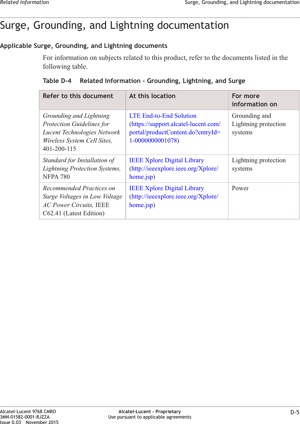Surge, Grounding, and Lightning documentationApplicable Surge, Grounding, and Lightning documentsFor information on subjects related to this product, refer to the documents listed in thefollowing table.Table D-4 Related Information - Grounding, Lightning, and SurgeRefer to this document At this location For moreinformation onGrounding and LightningProtection Guidelines forLucent Technologies NetworkWireless System Cell Sites,401-200-115LTE End-to-End Solution(https://support.alcatel-lucent.com/portal/productContent.do?entryId=1-0000000001078)Grounding andLightning protectionsystemsStandard for Installation ofLightning Protection Systems,NFPA 780IEEE Xplore Digital Library(http://ieeexplore.ieee.org/Xplore/home.jsp)Lightning protectionsystemsRecommended Practices onSurge Voltages in Low VoltageAC Power Circuits, IEEEC62.41 (Latest Edition)IEEE Xplore Digital Library(http://ieeexplore.ieee.org/Xplore/home.jsp)PowerRelated information Surge, Grounding, and Lightning documentation........................................................................................................................................................................................................................................................................................................................................................................................................................................................................Alcatel-Lucent 9768 CMRO3MN-01582-0001-RJZZAIssue 0.03 November 2015Alcatel-Lucent – ProprietaryUse pursuant to applicable agreements D-5DRAFTDRAFT