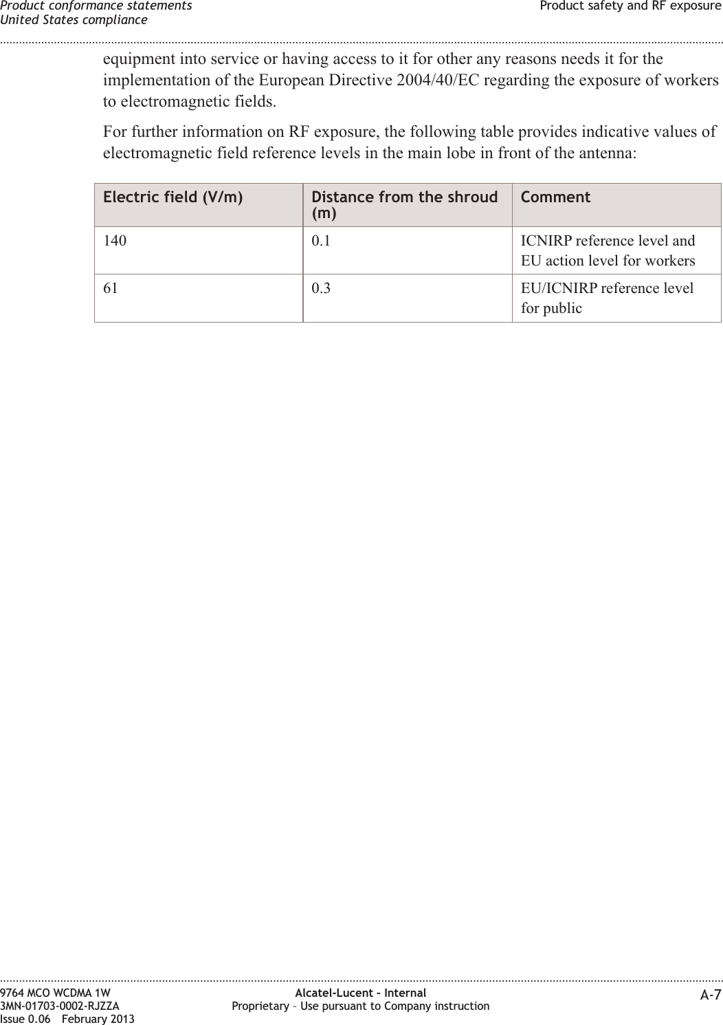 equipment into service or having access to it for other any reasons needs it for theimplementation of the European Directive 2004/40/EC regarding the exposure of workersto electromagnetic fields.For further information on RF exposure, the following table provides indicative values ofelectromagnetic field reference levels in the main lobe in front of the antenna:Electric field (V/m) Distance from the shroud(m)Comment140 0.1 ICNIRP reference level andEU action level for workers61 0.3 EU/ICNIRP reference levelfor publicProduct conformance statementsUnited States complianceProduct safety and RF exposure........................................................................................................................................................................................................................................................................................................................................................................................................................................................................9764 MCO WCDMA 1W3MN-01703-0002-RJZZAIssue 0.06 February 2013Alcatel-Lucent – InternalProprietary – Use pursuant to Company instruction A-7DRAFTDRAFT