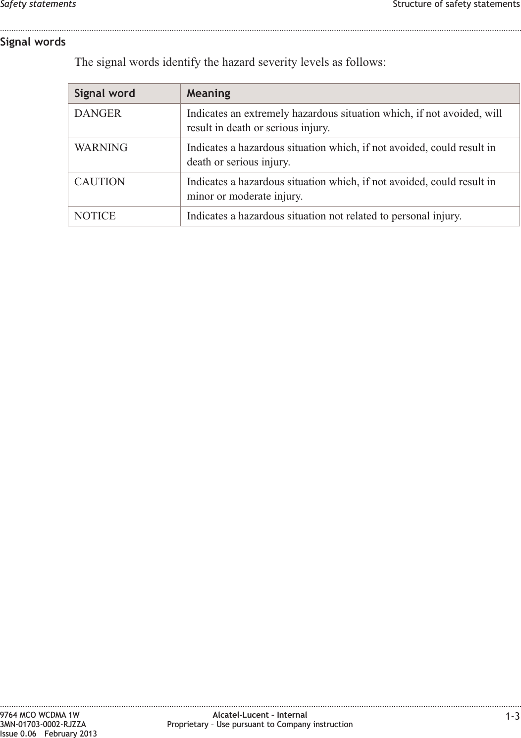 Signal wordsThe signal words identify the hazard severity levels as follows:Signal word MeaningDANGER Indicates an extremely hazardous situation which, if not avoided, willresult in death or serious injury.WARNING Indicates a hazardous situation which, if not avoided, could result indeath or serious injury.CAUTION Indicates a hazardous situation which, if not avoided, could result inminor or moderate injury.NOTICE Indicates a hazardous situation not related to personal injury.Safety statements Structure of safety statements........................................................................................................................................................................................................................................................................................................................................................................................................................................................................9764 MCO WCDMA 1W3MN-01703-0002-RJZZAIssue 0.06 February 2013Alcatel-Lucent – InternalProprietary – Use pursuant to Company instruction 1-3DRAFTDRAFT