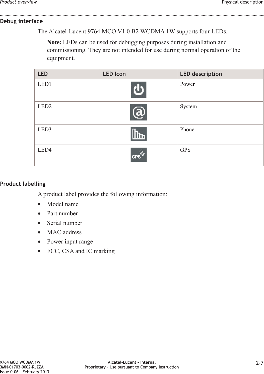 Debug interfaceThe Alcatel-Lucent 9764 MCO V1.0 B2 WCDMA 1W supports four LEDs.Note: LEDs can be used for debugging purposes during installation andcommissioning. They are not intended for use during normal operation of theequipment.LED LED Icon LED descriptionLED1 PowerLED2 SystemLED3 PhoneLED4GPSGPSProduct labellingA product label provides the following information:•Model name•Part number•Serial number•MAC address•Power input range•FCC, CSA and IC markingProduct overview Physical description........................................................................................................................................................................................................................................................................................................................................................................................................................................................................9764 MCO WCDMA 1W3MN-01703-0002-RJZZAIssue 0.06 February 2013Alcatel-Lucent – InternalProprietary – Use pursuant to Company instruction 2-7DRAFTDRAFT