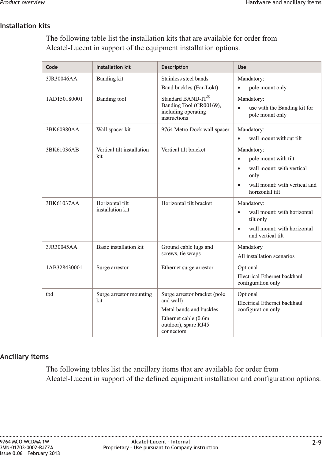 Installation kitsThe following table list the installation kits that are available for order fromAlcatel-Lucent in support of the equipment installation options.Code Installation kit Description Use3JR30046AA Banding kit Stainless steel bandsBand buckles (Ear-Lokt)Mandatory:•pole mount only1AD150180001 Banding tool Standard BAND-IT®Banding Tool (CR00169),including operatinginstructionsMandatory:•use with the Banding kit forpole mount only3BK60980AA Wall spacer kit 9764 Metro Dock wall spacer Mandatory:•wall mount without tilt3BK61036AB Vertical tilt installationkitVertical tilt bracket Mandatory:•pole mount with tilt•wall mount: with verticalonly•wall mount: with vertical andhorizontal tilt3BK61037AA Horizontal tiltinstallation kitHorizontal tilt bracket Mandatory:•wall mount: with horizontaltilt only•wall mount: with horizontaland vertical tilt3JR30045AA Basic installation kit Ground cable lugs andscrews, tie wrapsMandatoryAll installation scenarios1AB328430001 Surge arrestor Ethernet surge arrestor OptionalElectrical Ethernet backhaulconfiguration onlytbd Surge arrestor mountingkitSurge arrestor bracket (poleand wall)Metal bands and bucklesEthernet cable (0.6moutdoor), spare RJ45connectorsOptionalElectrical Ethernet backhaulconfiguration onlyAncillary itemsThe following tables list the ancillary items that are available for order fromAlcatel-Lucent in support of the defined equipment installation and configuration options.Product overview Hardware and ancillary items........................................................................................................................................................................................................................................................................................................................................................................................................................................................................9764 MCO WCDMA 1W3MN-01703-0002-RJZZAIssue 0.06 February 2013Alcatel-Lucent – InternalProprietary – Use pursuant to Company instruction 2-9DRAFTDRAFT