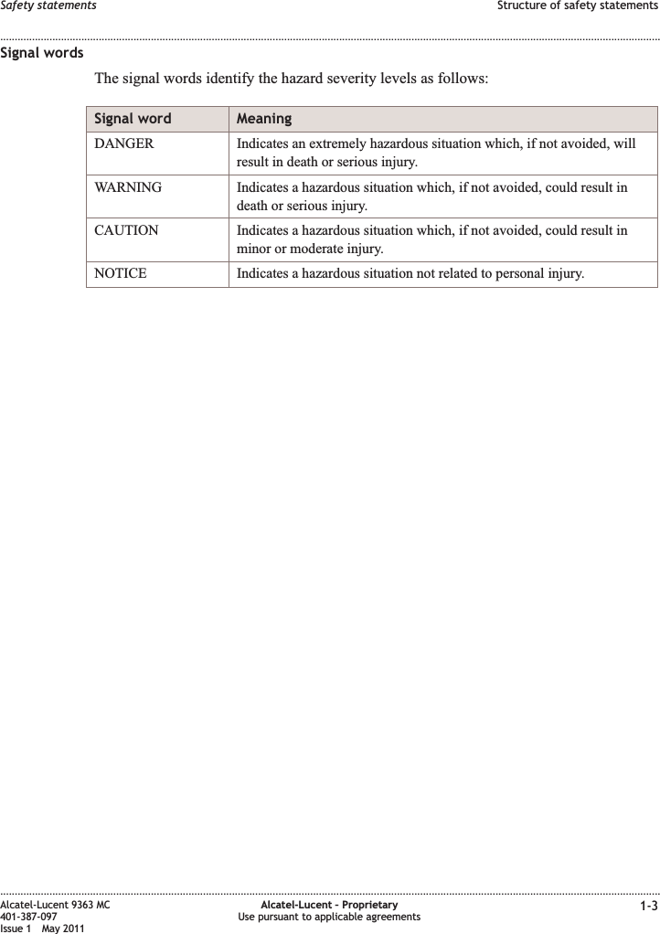 Signal wordsThe signal words identify the hazard severity levels as follows:Signal word MeaningDANGER Indicates an extremely hazardous situation which, if not avoided, willresult in death or serious injury.WARNING Indicates a hazardous situation which, if not avoided, could result indeath or serious injury.CAUTION Indicates a hazardous situation which, if not avoided, could result inminor or moderate injury.NOTICE Indicates a hazardous situation not related to personal injury.Safety statements Structure of safety statements........................................................................................................................................................................................................................................................................................................................................................................................................................................................................Alcatel-Lucent 9363 MC401-387-097Issue 1 May 2011Alcatel-Lucent – ProprietaryUse pursuant to applicable agreements 1-3