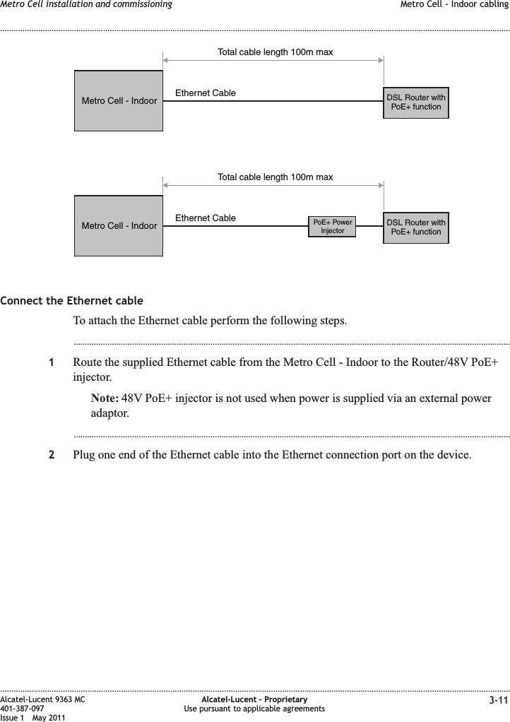 Connect the Ethernet cableTo attach the Ethernet cable perform the following steps....................................................................................................................................................................................................1Route the supplied Ethernet cable from the Metro Cell - Indoor to the Router/48V PoE+injector.Note: 48V PoE+ injector is not used when power is supplied via an external poweradaptor....................................................................................................................................................................................................2Plug one end of the Ethernet cable into the Ethernet connection port on the device.Metro Cell - Indoor DSL Router withPoE+ functionEthernet CableTotal cable length 100m maxMetro Cell - Indoor DSL Router withPoE+ functionEthernet CableTotal cable length 100m maxPoE+ PowerInjectorMetro Cell installation and commissioning Metro Cell - Indoor cabling........................................................................................................................................................................................................................................................................................................................................................................................................................................................................Alcatel-Lucent 9363 MC401-387-097Issue 1 May 2011Alcatel-Lucent – ProprietaryUse pursuant to applicable agreements 3-11