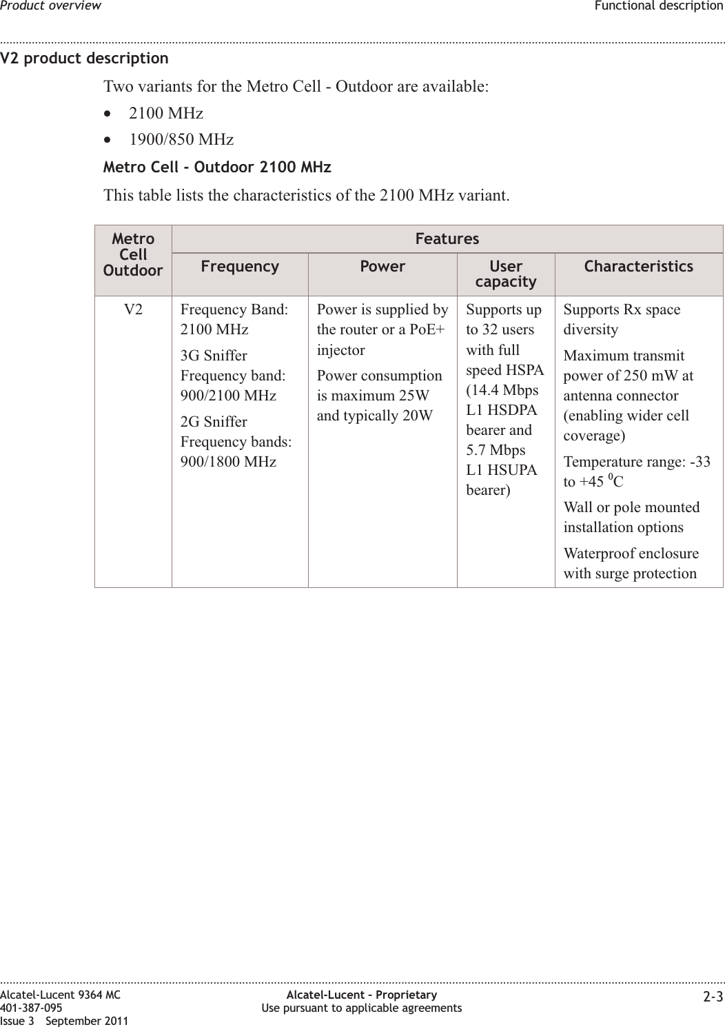 V2 product descriptionTwo variants for the Metro Cell - Outdoor are available:•2100 MHz•1900/850 MHzMetro Cell - Outdoor 2100 MHzThis table lists the characteristics of the 2100 MHz variant.MetroCellOutdoorFeaturesFrequency Power UsercapacityCharacteristicsV2 Frequency Band:2100 MHz3G SnifferFrequency band:900/2100 MHz2G SnifferFrequency bands:900/1800 MHzPower is supplied bythe router or a PoE+injectorPower consumptionis maximum 25Wand typically 20WSupports upto 32 userswith fullspeed HSPA(14.4 MbpsL1 HSDPAbearer and5.7 MbpsL1 HSUPAbearer)Supports Rx spacediversityMaximum transmitpower of 250 mW atantenna connector(enabling wider cellcoverage)Temperature range: -33to +45 0CWall or pole mountedinstallation optionsWaterproof enclosurewith surge protectionProduct overview Functional description........................................................................................................................................................................................................................................................................................................................................................................................................................................................................Alcatel-Lucent 9364 MC401-387-095Issue 3 September 2011Alcatel-Lucent – ProprietaryUse pursuant to applicable agreements 2-3