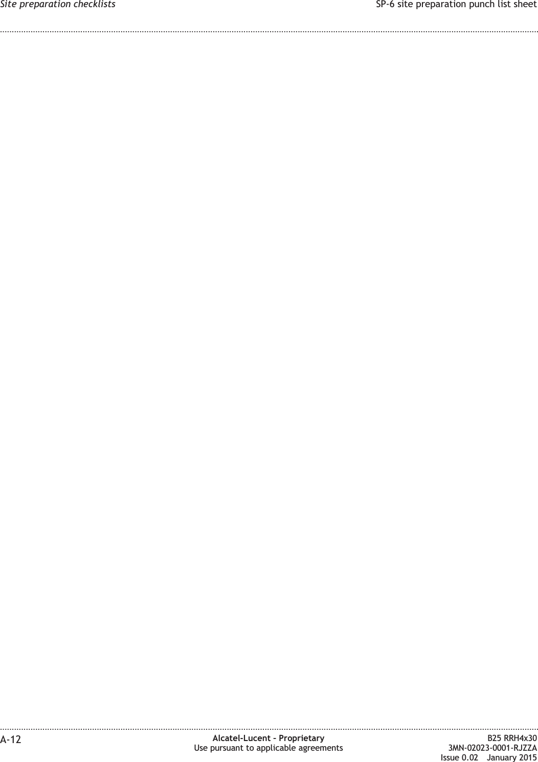 Site preparation checklists SP-6 site preparation punch list sheet........................................................................................................................................................................................................................................................................................................................................................................................................................................................................A-12 Alcatel-Lucent &ndash; ProprietaryUse pursuant to applicable agreementsB25 RRH4x303MN-02023-0001-RJZZAIssue 0.02 January 2015DRAFTDRAFT