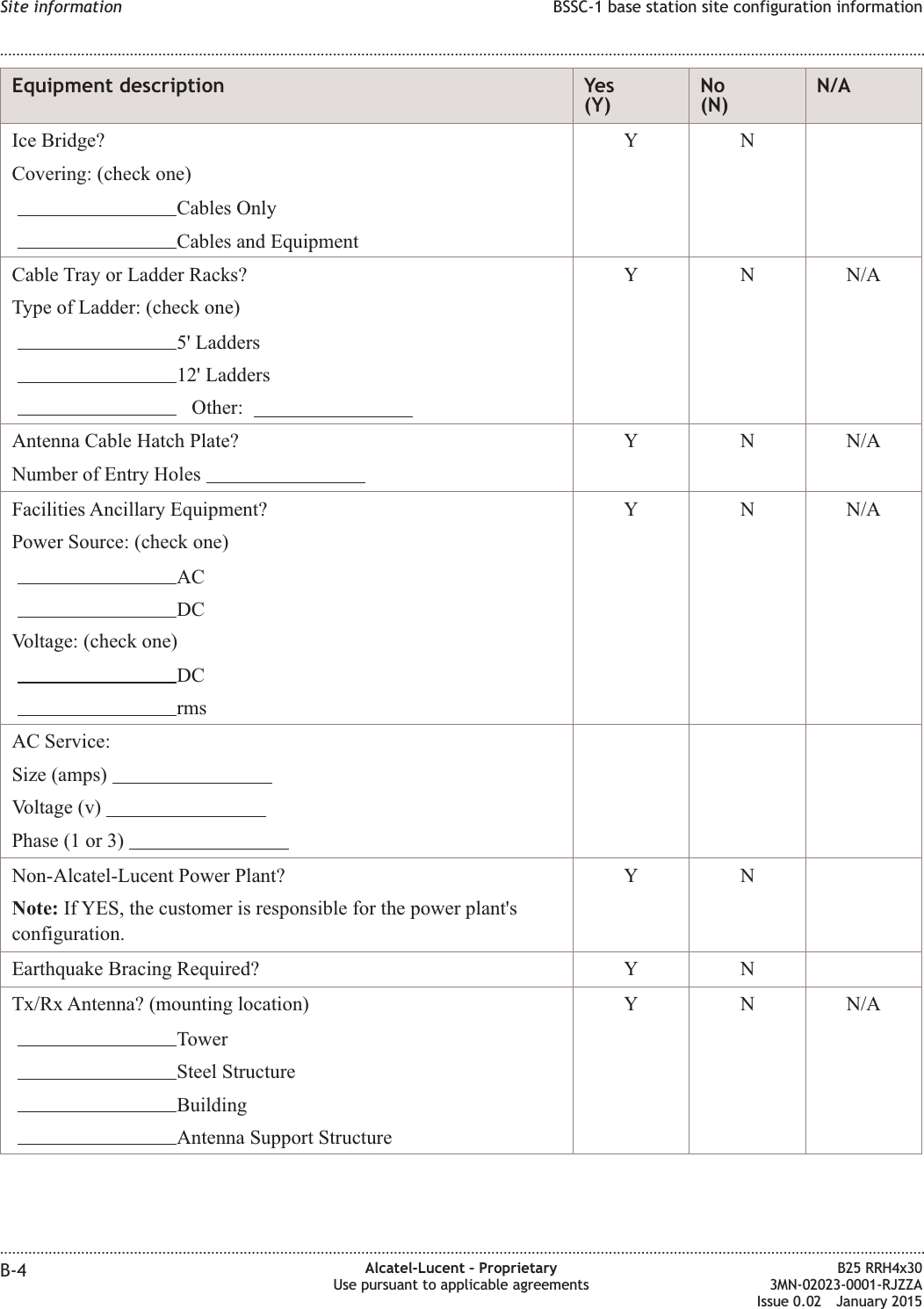 Equipment description Yes(Y)No(N)N/AIce Bridge?Covering: (check one)Cables OnlyCables and EquipmentYNCable Tray or Ladder Racks?Type of Ladder: (check one)5' Ladders12' LaddersOther:Y N N/AAntenna Cable Hatch Plate?Number of Entry HolesY N N/AFacilities Ancillary Equipment?Power Source: (check one)ACDCVoltage: (check one)DCrmsY N N/AAC Service:Size (amps)Voltage (v)Phase (1 or 3)Non-Alcatel-Lucent Power Plant?Note: If YES, the customer is responsible for the power plant'sconfiguration.YNEarthquake Bracing Required? Y NTx/Rx Antenna? (mounting location)TowerSteel StructureBuildingAntenna Support StructureY N N/ASite information BSSC-1 base station site configuration information........................................................................................................................................................................................................................................................................................................................................................................................................................................................................B-4 Alcatel-Lucent &ndash; ProprietaryUse pursuant to applicable agreementsB25 RRH4x303MN-02023-0001-RJZZAIssue 0.02 January 2015DRAFTDRAFT