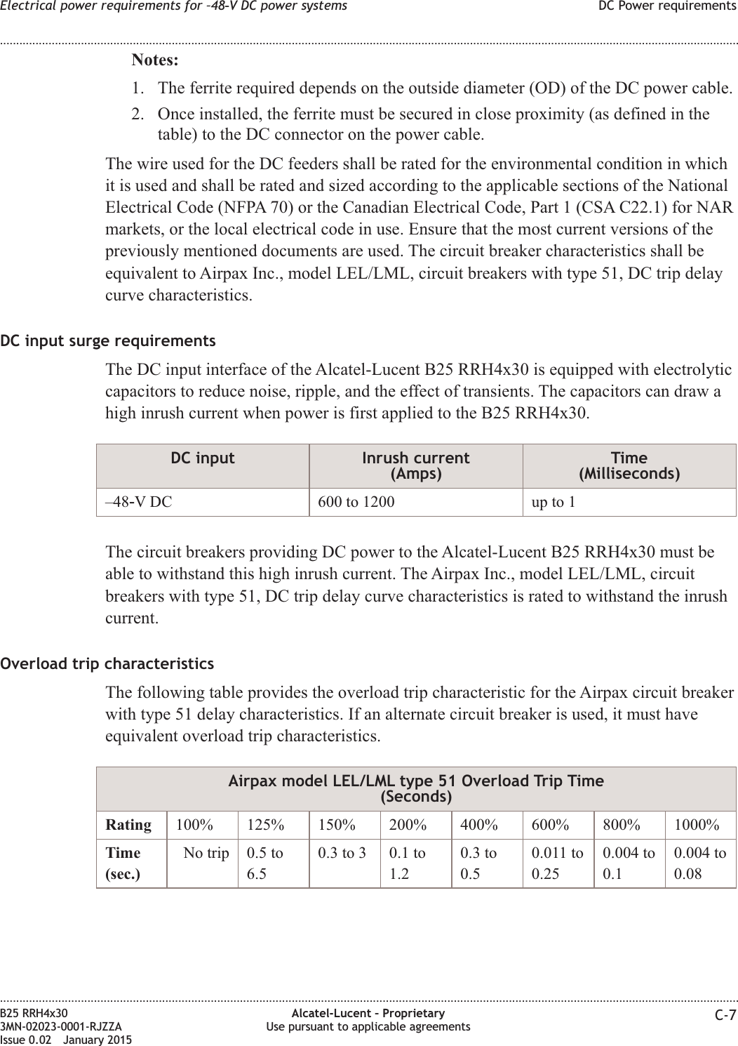 Notes:1. The ferrite required depends on the outside diameter (OD) of the DC power cable.2. Once installed, the ferrite must be secured in close proximity (as defined in thetable) to the DC connector on the power cable.The wire used for the DC feeders shall be rated for the environmental condition in whichit is used and shall be rated and sized according to the applicable sections of the NationalElectrical Code (NFPA 70) or the Canadian Electrical Code, Part 1 (CSA C22.1) for NARmarkets, or the local electrical code in use. Ensure that the most current versions of thepreviously mentioned documents are used. The circuit breaker characteristics shall beequivalent to Airpax Inc., model LEL/LML, circuit breakers with type 51, DC trip delaycurve characteristics.DC input surge requirementsThe DC input interface of the Alcatel-Lucent B25 RRH4x30 is equipped with electrolyticcapacitors to reduce noise, ripple, and the effect of transients. The capacitors can draw ahigh inrush current when power is first applied to the B25 RRH4x30.DC input Inrush current(Amps)Time(Milliseconds)&ndash;48‑V DC 600 to 1200 up to 1The circuit breakers providing DC power to the Alcatel-Lucent B25 RRH4x30 must beable to withstand this high inrush current. The Airpax Inc., model LEL/LML, circuitbreakers with type 51, DC trip delay curve characteristics is rated to withstand the inrushcurrent.Overload trip characteristicsThe following table provides the overload trip characteristic for the Airpax circuit breakerwith type 51 delay characteristics. If an alternate circuit breaker is used, it must haveequivalent overload trip characteristics.Airpax model LEL/LML type 51 Overload Trip Time(Seconds)Rating 100% 125% 150% 200% 400% 600% 800% 1000%Time(sec.)No trip 0.5 to6.50.3 to 3 0.1 to1.20.3 to0.50.011 to0.250.004 to0.10.004 to0.08Electrical power requirements for &ndash;48‑V DC power systems DC Power requirements........................................................................................................................................................................................................................................................................................................................................................................................................................................................................B25 RRH4x303MN-02023-0001-RJZZAIssue 0.02 January 2015Alcatel-Lucent &ndash; ProprietaryUse pursuant to applicable agreements C-7DRAFTDRAFT