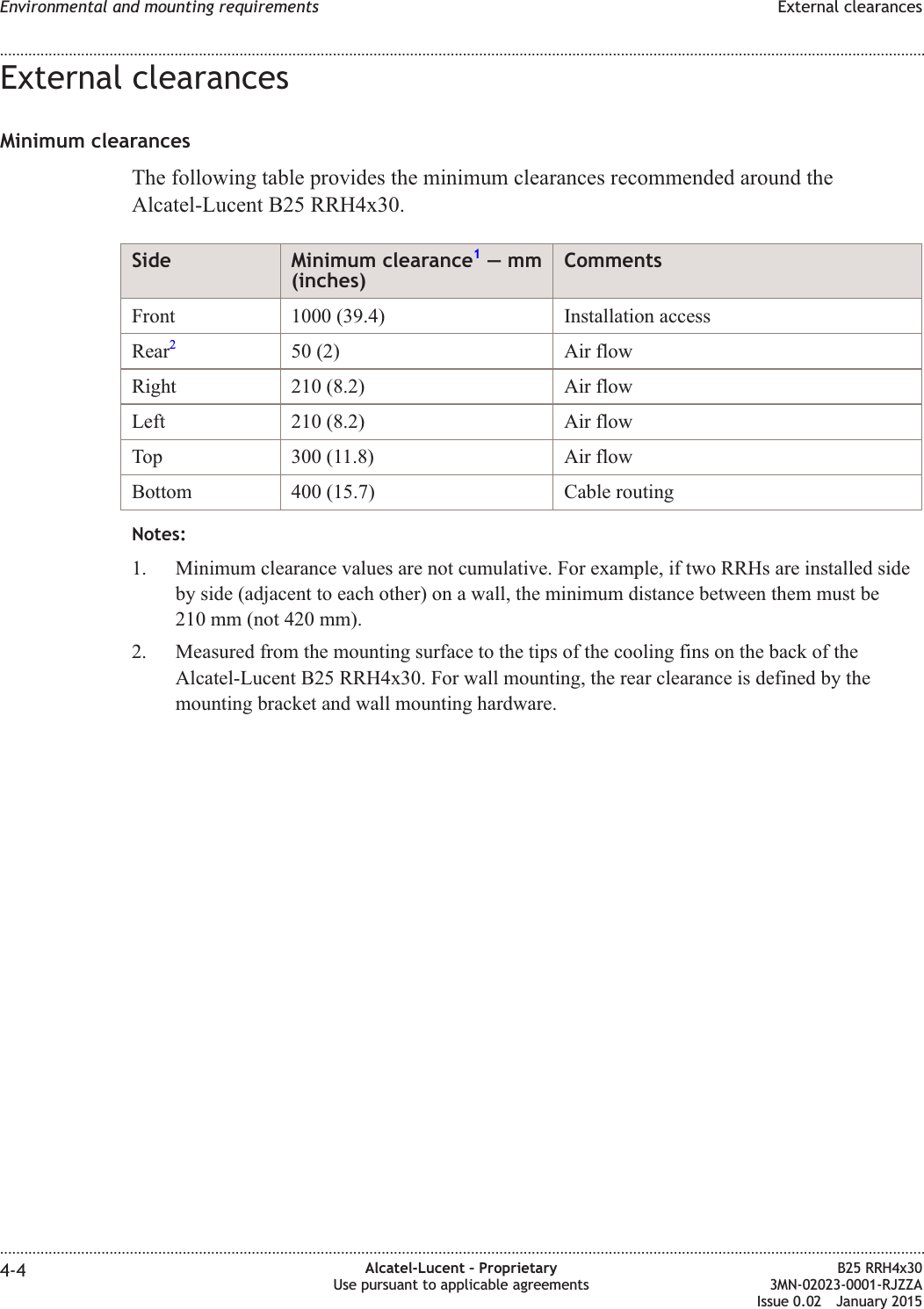 External clearancesMinimum clearancesThe following table provides the minimum clearances recommended around theAlcatel-Lucent B25 RRH4x30.Side Minimum clearance1&mdash;mm(inches)CommentsFront 1000 (39.4) Installation accessRear250 (2) Air flowRight 210 (8.2) Air flowLeft 210 (8.2) Air flowTop 300 (11.8) Air flowBottom 400 (15.7) Cable routingNotes:1. Minimum clearance values are not cumulative. For example, if two RRHs are installed sideby side (adjacent to each other) on a wall, the minimum distance between them must be210 mm (not 420 mm).2. Measured from the mounting surface to the tips of the cooling fins on the back of theAlcatel-Lucent B25 RRH4x30. For wall mounting, the rear clearance is defined by themounting bracket and wall mounting hardware.Environmental and mounting requirements External clearances........................................................................................................................................................................................................................................................................................................................................................................................................................................................................4-4 Alcatel-Lucent &ndash; ProprietaryUse pursuant to applicable agreementsB25 RRH4x303MN-02023-0001-RJZZAIssue 0.02 January 2015DRAFTDRAFT