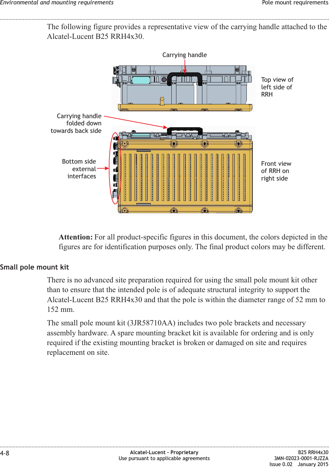The following figure provides a representative view of the carrying handle attached to theAlcatel-Lucent B25 RRH4x30.Attention: For all product-specific figures in this document, the colors depicted in thefigures are for identification purposes only. The final product colors may be different.Small pole mount kitThere is no advanced site preparation required for using the small pole mount kit otherthan to ensure that the intended pole is of adequate structural integrity to support theAlcatel-Lucent B25 RRH4x30 and that the pole is within the diameter range of 52 mm to152 mm.The small pole mount kit (3JR58710AA) includes two pole brackets and necessaryassembly hardware. A spare mounting bracket kit is available for ordering and is onlyrequired if the existing mounting bracket is broken or damaged on site and requiresreplacement on site.Carrying handlefolded downtowards back sideFront viewof RRH onright sideTo p  v i e w  o fleft side ofRRHBottom sideexternalinterfacesCarrying handleEnvironmental and mounting requirements Pole mount requirements........................................................................................................................................................................................................................................................................................................................................................................................................................................................................4-8 Alcatel-Lucent &ndash; ProprietaryUse pursuant to applicable agreementsB25 RRH4x303MN-02023-0001-RJZZAIssue 0.02 January 2015DRAFTDRAFT