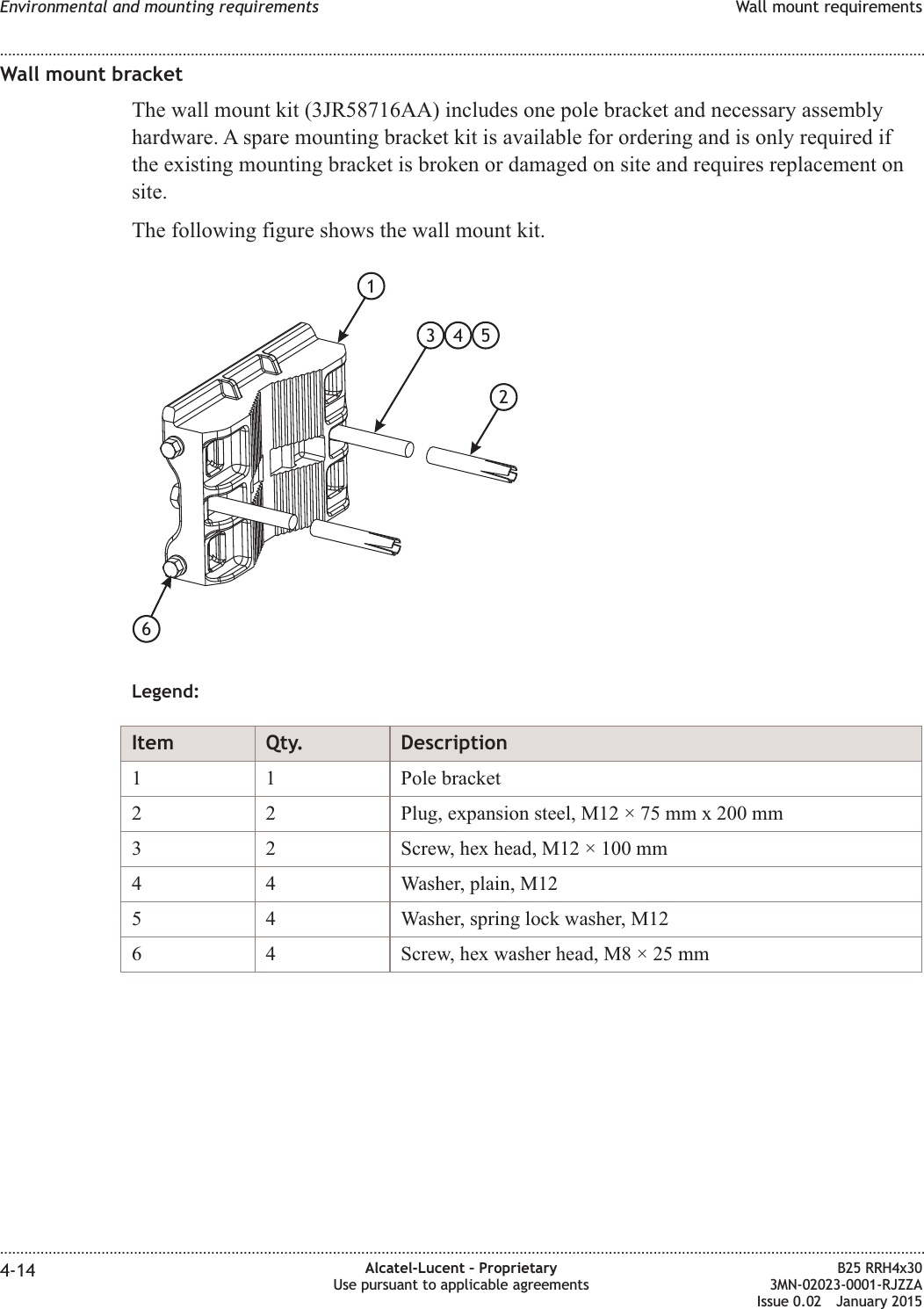 Wall mount bracketThe wall mount kit (3JR58716AA) includes one pole bracket and necessary assemblyhardware. A spare mounting bracket kit is available for ordering and is only required ifthe existing mounting bracket is broken or damaged on site and requires replacement onsite.The following figure shows the wall mount kit.Legend:Item Qty. Description1 1 Pole bracket2 2 Plug, expansion steel, M12 &times; 75 mm x 200 mm3 2 Screw, hex head, M12 &times; 100 mm4 4 Washer, plain, M125 4 Washer, spring lock washer, M126 4 Screw, hex washer head, M8 &times; 25 mm1263 54Environmental and mounting requirements Wall mount requirements........................................................................................................................................................................................................................................................................................................................................................................................................................................................................4-14 Alcatel-Lucent &ndash; ProprietaryUse pursuant to applicable agreementsB25 RRH4x303MN-02023-0001-RJZZAIssue 0.02 January 2015DRAFTDRAFT