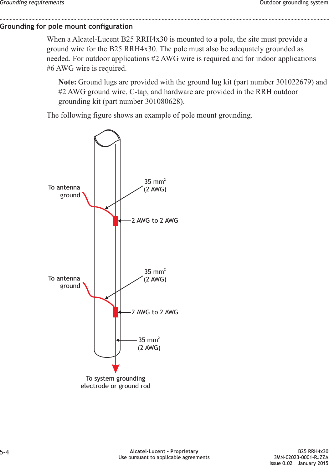 Grounding for pole mount configurationWhen a Alcatel-Lucent B25 RRH4x30 is mounted to a pole, the site must provide aground wire for the B25 RRH4x30. The pole must also be adequately grounded asneeded. For outdoor applications #2 AWG wire is required and for indoor applications#6 AWG wire is required.Note: Ground lugs are provided with the ground lug kit (part number 301022679) and#2 AWG ground wire, C-tap, and hardware are provided in the RRH outdoorgrounding kit (part number 301080628).The following figure shows an example of pole mount grounding.2 AWG to 2 AWGTo antennagroundTo antennaground35 mm(2 AWG)235 mm(2 AWG)2To system groundingelectrode or ground rod2 AWG to 2 AWG35 mm(2 AWG)2Grounding requirements Outdoor grounding system........................................................................................................................................................................................................................................................................................................................................................................................................................................................................5-4 Alcatel-Lucent &ndash; ProprietaryUse pursuant to applicable agreementsB25 RRH4x303MN-02023-0001-RJZZAIssue 0.02 January 2015DRAFTDRAFT