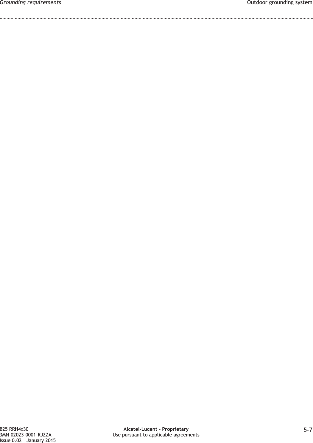 Grounding requirements Outdoor grounding system........................................................................................................................................................................................................................................................................................................................................................................................................................................................................B25 RRH4x303MN-02023-0001-RJZZAIssue 0.02 January 2015Alcatel-Lucent &ndash; ProprietaryUse pursuant to applicable agreements 5-7DRAFTDRAFT