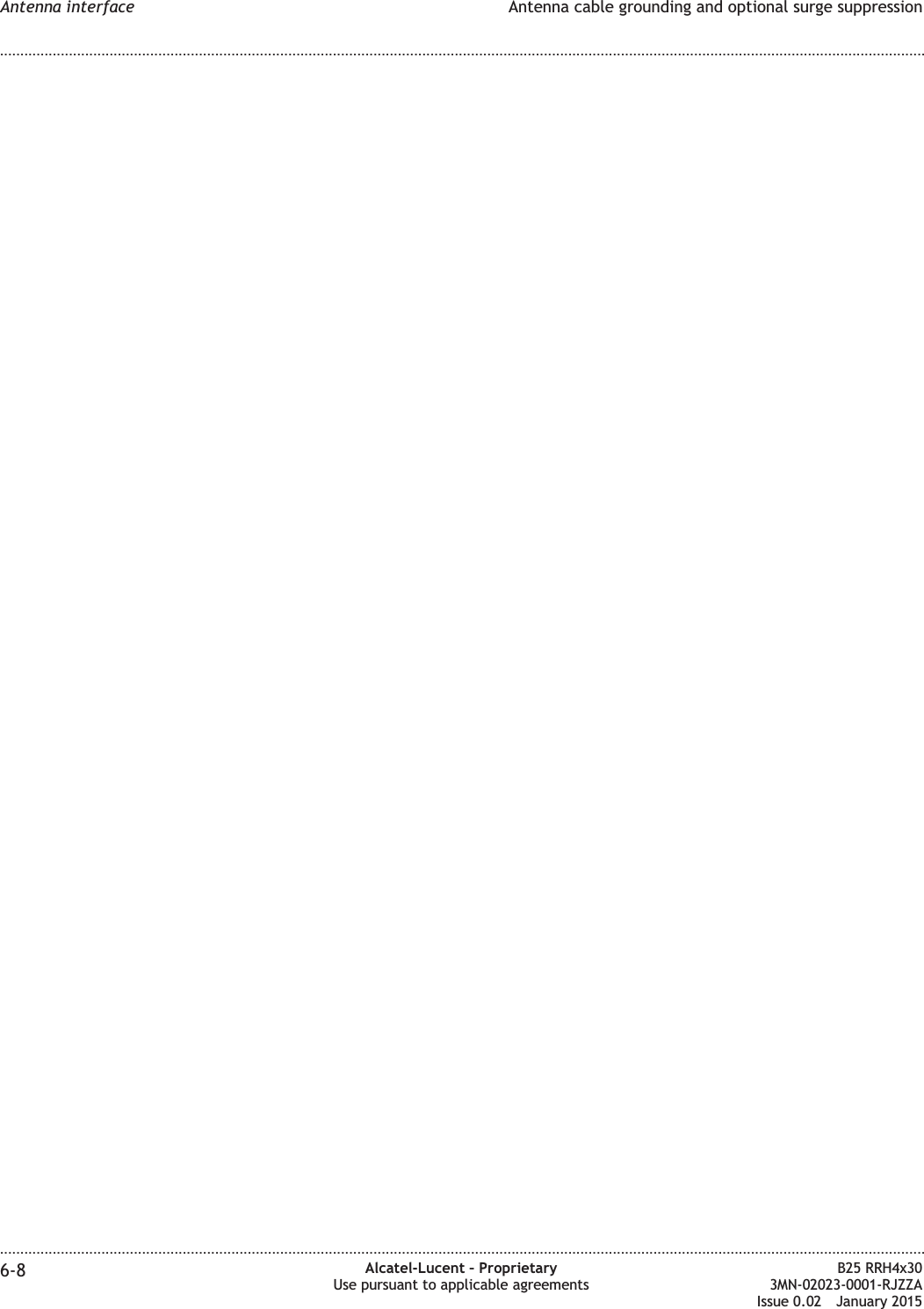 Antenna interface Antenna cable grounding and optional surge suppression........................................................................................................................................................................................................................................................................................................................................................................................................................................................................6-8 Alcatel-Lucent &ndash; ProprietaryUse pursuant to applicable agreementsB25 RRH4x303MN-02023-0001-RJZZAIssue 0.02 January 2015DRAFTDRAFT