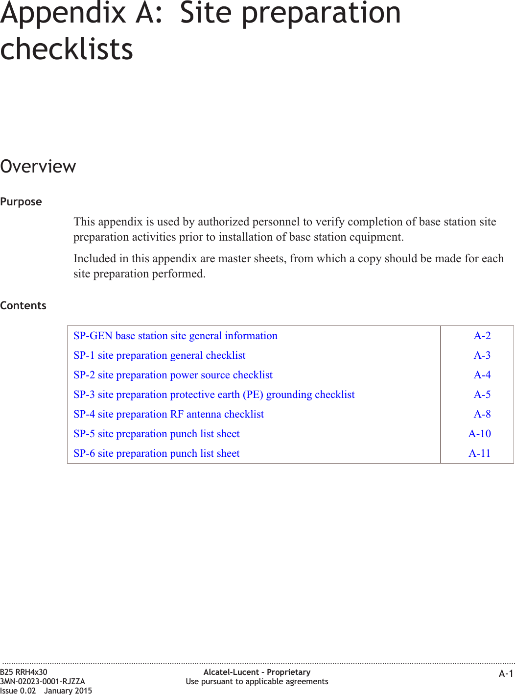 Appendix A: Site preparationchecklistsOverviewPurposeThis appendix is used by authorized personnel to verify completion of base station sitepreparation activities prior to installation of base station equipment.Included in this appendix are master sheets, from which a copy should be made for eachsite preparation performed.ContentsSP-GEN base station site general information A-2SP-1 site preparation general checklist A-3SP-2 site preparation power source checklist A-4SP-3 site preparation protective earth (PE) grounding checklist A-5SP-4 site preparation RF antenna checklist A-8SP-5 site preparation punch list sheet A-10SP-6 site preparation punch list sheet A-11...................................................................................................................................................................................................................................B25 RRH4x303MN-02023-0001-RJZZAIssue 0.02 January 2015Alcatel-Lucent &ndash; ProprietaryUse pursuant to applicable agreements A-1DRAFTDRAFT
