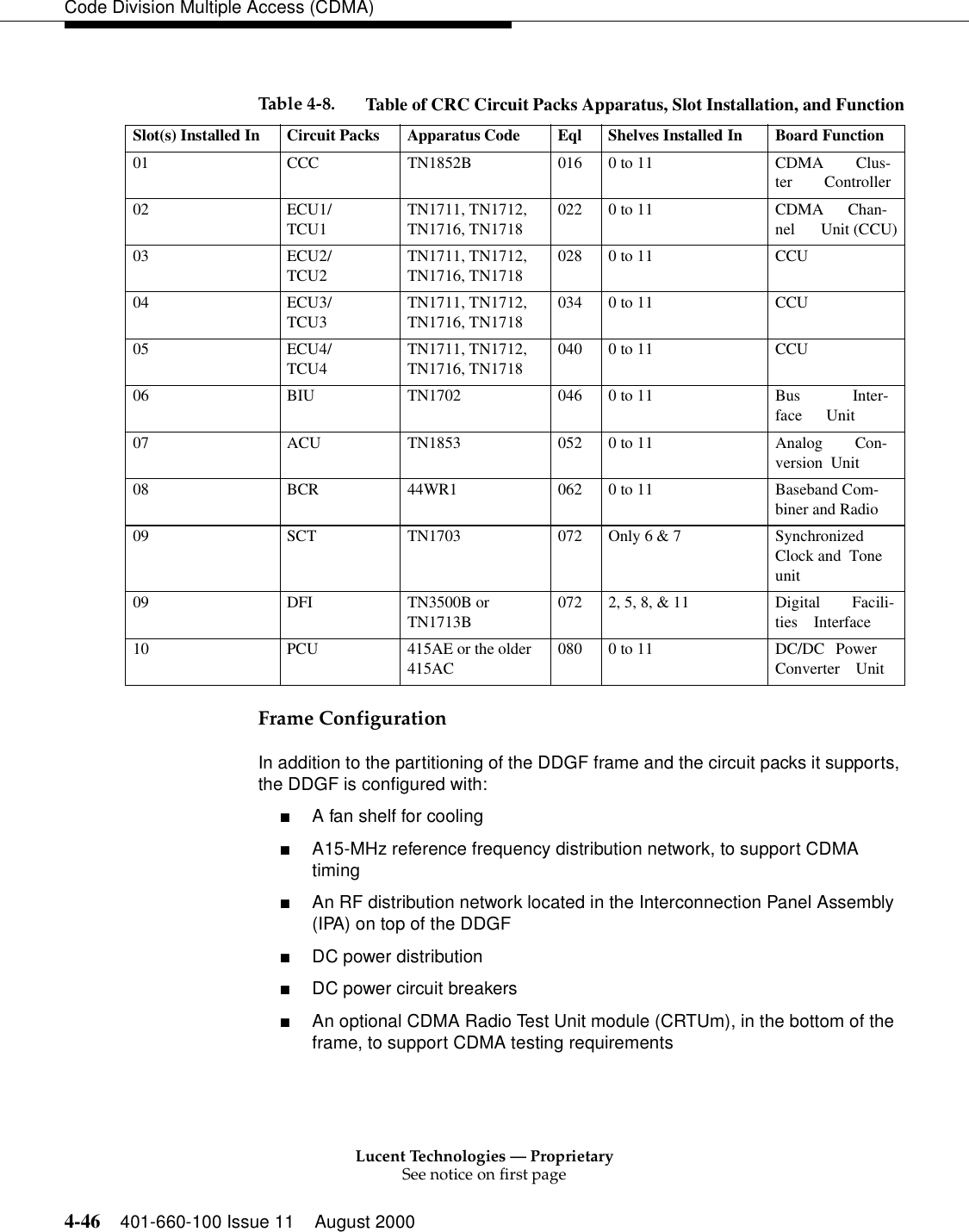 Lucent Technologies — ProprietarySee notice on first page4-46 401-660-100 Issue 11 August 2000Code Division Multiple Access (CDMA)Frame ConfigurationIn addition to the partitioning of the DDGF frame and the circuit packs it supports, the DDGF is configured with:■A fan shelf for cooling■A15-MHz reference frequency distribution network, to support CDMA timing■An RF distribution network located in the Interconnection Panel Assembly (IPA) on top of the DDGF■DC power distribution■DC power circuit breakers■An optional CDMA Radio Test Unit module (CRTUm), in the bottom of the frame, to support CDMA testing requirementsTable 4-8. Table of CRC Circuit Packs Apparatus, Slot Installation, and FunctionSlot(s) Installed In Circuit Packs Apparatus Code Eql Shelves Installed In Board Function01 CCC TN1852B 016 0 to 11 CDMA        Clus-ter        Controller02 ECU1/TCU1TN1711, TN1712, TN1716, TN1718022 0 to 11 CDMA      Chan-nel       Unit (CCU)03 ECU2/TCU2TN1711, TN1712, TN1716, TN1718028 0 to 11 CCU04 ECU3/TCU3TN1711, TN1712, TN1716, TN1718034 0 to 11 CCU05 ECU4/TCU4TN1711, TN1712, TN1716, TN1718040 0 to 11 CCU06 BIU TN1702 046 0 to 11 Bus             Inter-face      Unit07 ACU TN1853 052 0 to 11 Analog        Con-version  Unit08 BCR 44WR1 062 0 to 11 Baseband Com-biner and Radio09 SCT TN1703 072 Only 6 &amp; 7 Synchronized Clock and  Tone unit09 DFI TN3500B or TN1713B072 2, 5, 8, &amp; 11 Digital        Facili-ties    Interface10 PCU 415AE or the older 415AC08 0 0  to  11 DC /DC     P ower          Converter    Unit
