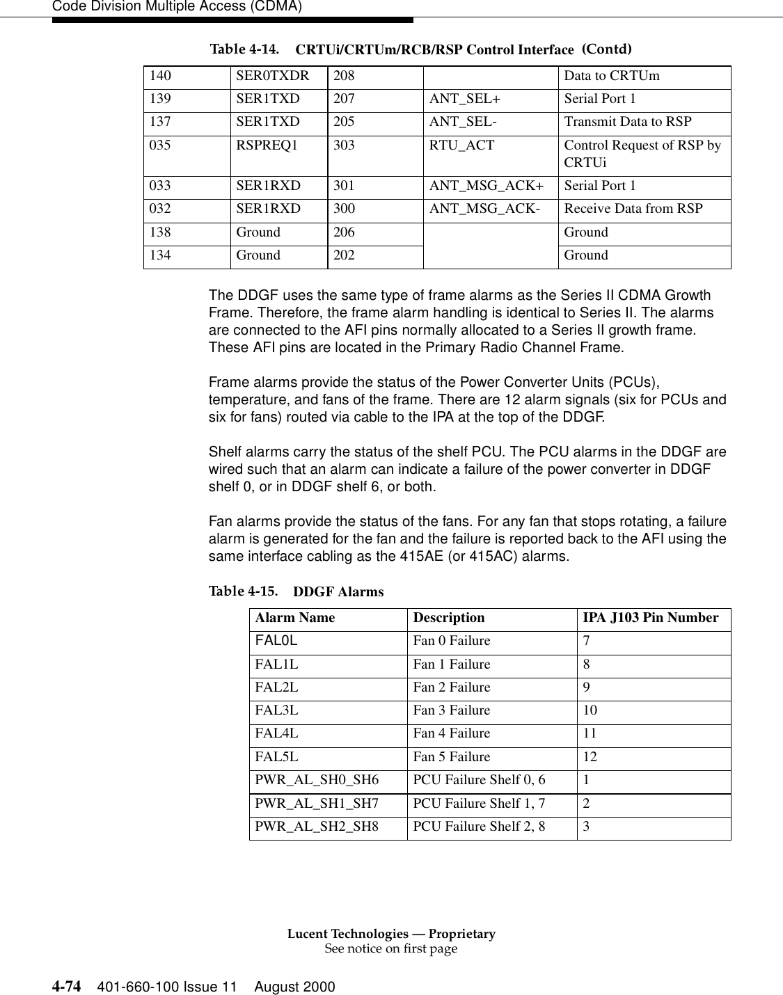 Lucent Technologies — ProprietarySee notice on first page4-74 401-660-100 Issue 11 August 2000Code Division Multiple Access (CDMA)The DDGF uses the same type of frame alarms as the Series II CDMA Growth Frame. Therefore, the frame alarm handling is identical to Series II. The alarms are connected to the AFI pins normally allocated to a Series II growth frame. These AFI pins are located in the Primary Radio Channel Frame.Frame alarms provide the status of the Power Converter Units (PCUs), temperature, and fans of the frame. There are 12 alarm signals (six for PCUs and six for fans) routed via cable to the IPA at the top of the DDGF. Shelf alarms carry the status of the shelf PCU. The PCU alarms in the DDGF are wired such that an alarm can indicate a failure of the power converter in DDGF shelf 0, or in DDGF shelf 6, or both.Fan alarms provide the status of the fans. For any fan that stops rotating, a failure alarm is generated for the fan and the failure is reported back to the AFI using the same interface cabling as the 415AE (or 415AC) alarms.140 SER0TXDR 208 Data to CRTUm139 SER1TXD 207 ANT_SEL+ Serial Port 1137 SER1TXD 205 ANT_SEL- Transmit Data to RSP035 RSPREQ1 303 RTU_ACT Control Request of RSP by CRTUi033 SER1RXD 301 ANT_MSG_ACK+ Serial Port 1032 SER1RXD 300 ANT_MSG_ACK- Receive Data from RSP138 Ground 206 Ground134 Ground 202 GroundTable 4-14. CRTUi/CRTUm/RCB/RSP Control Interface  (Contd)Table 4-15. DDGF Alarms Alarm Name Description IPA J103 Pin NumberFAL0L Fan 0 Failure 7FAL1L Fan 1 Failure 8FAL2L Fan 2 Failure 9FAL3L Fan 3 Failure 10FAL4L Fan 4 Failure 11FAL5L Fan 5 Failure 12PWR_AL_SH0_SH6 PCU Failure Shelf 0, 6  1PWR_AL_SH1_SH7 PCU Failure Shelf 1, 7  2PWR_AL_SH2_SH8 PCU Failure Shelf 2, 8  3