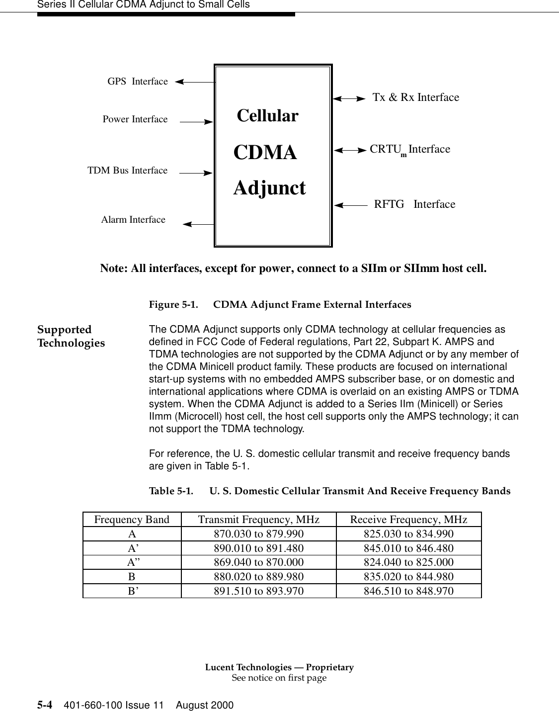 Lucent Technologies — ProprietarySee notice on first page5-4 401-660-100 Issue 11 August 2000Series II Cellular CDMA Adjunct to Small CellsFigure 5-1. CDMA Adjunct Frame External InterfacesSupported Technologies The CDMA Adjunct supports only CDMA technology at cellular frequencies as defined in FCC Code of Federal regulations, Part 22, Subpart K. AMPS and TDMA technologies are not supported by the CDMA Adjunct or by any member of the CDMA Minicell product family. These products are focused on international start-up systems with no embedded AMPS subscriber base, or on domestic and international applications where CDMA is overlaid on an existing AMPS or TDMA system. When the CDMA Adjunct is added to a Series IIm (Minicell) or Series IImm (Microcell) host cell, the host cell supports only the AMPS technology; it can not support the TDMA technology. For reference, the U. S. domestic cellular transmit and receive frequency bands are given in Table 5-1.Table 5-1. U. S. Domestic Cellular Transmit And Receive Frequency Bands    Cellular  CDMA  AdjunctPower InterfaceTDM Bus InterfaceAlarm InterfaceTx &amp; Rx InterfaceRFTG  InterfaceCRTUmInterfaceGPS  InterfaceNote: All interfaces, except for power, connect to a SIIm or SIImm host cell.Frequency Band Transmit Frequency, MHz Receive Frequency, MHzA 870.030 to 879.990 825.030 to 834.990 A’890.010 to 891.480 845.010 to 846.480 A”869.040 to 870.000 824.040 to 825.000B 880.020 to 889.980 835.020 to 844.980 B’891.510 to 893.970 846.510 to 848.970