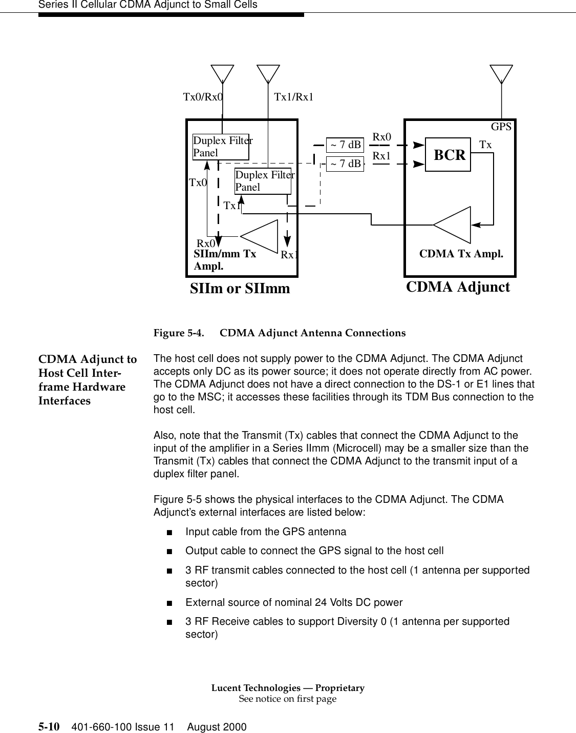 Lucent Technologies — ProprietarySee notice on first page5-10 401-660-100 Issue 11 August 2000Series II Cellular CDMA Adjunct to Small CellsFigure 5-4. CDMA Adjunct Antenna ConnectionsCDMA Adjunct to Host Cell Inter-frame Hardware InterfacesThe host cell does not supply power to the CDMA Adjunct. The CDMA Adjunct accepts only DC as its power source; it does not operate directly from AC power. The CDMA Adjunct does not have a direct connection to the DS-1 or E1 lines that go to the MSC; it accesses these facilities through its TDM Bus connection to the host cell.Also, note that the Transmit (Tx) cables that connect the CDMA Adjunct to the input of the amplifier in a Series IImm (Microcell) may be a smaller size than the Transmit (Tx) cables that connect the CDMA Adjunct to the transmit input of a duplex filter panel.Figure 5-5 shows the physical interfaces to the CDMA Adjunct. The CDMA Adjunct’s external interfaces are listed below:■Input cable from the GPS antenna■Output cable to connect the GPS signal to the host cell■3 RF transmit cables connected to the host cell (1 antenna per supported sector)■External source of nominal 24 Volts DC power■3 RF Receive cables to support Diversity 0 (1 antenna per supported sector)BCRCDMA Tx Ampl.TxRx0Rx1CDMA AdjunctGPSSIIm or SIImmDuplex FilterPanelDuplex FilterPanelTx1/Rx1Tx0/Rx0SIIm/mm TxAmpl.Tx0Tx1Rx1Rx0~ 7 dB~ 7 dB