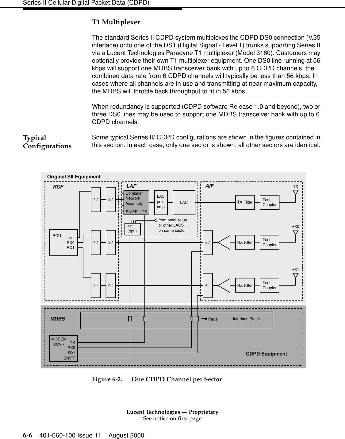 Lucent Technologies — ProprietarySee notice on first page6-6 401-660-100 Issue 11 August 2000Series II Cellular Digital Packet Data (CDPD)T1 MultiplexerThe standard Series II CDPD system multiplexes the CDPD DS0 connection (V.35 interface) onto one of the DS1 (Digital Signal - Level 1) trunks supporting Series II via a Lucent Technologies Paradyne T1 multiplexer (Model 3160). Customers may optionally provide their own T1 multiplexer equipment. One DS0 line running at 56 kbps will support one MDBS transceiver bank with up to 6 CDPD channels. the combined data rate from 6 CDPD channels will typically be less than 56 kbps. In cases where all channels are in use and transmitting at near maximum capacity, the MDBS will throttle back throughput to fit in 56 kbps. When redundancy is supported (CDPD software Release 1.0 and beyond), two or three DS0 lines may be used to support one MDBS transceiver bank with up to 6 CDPD channels. Typi cal Configurations Some typical Series II/ CDPD configurations are shown in the figures contained in this section. In each case, only one sector is shown; all other sectors are identical. Figure 6-2. One CDPD Channel per Sector4:1 9:1LAFCombinerNetworkAssemblySNIFF TXLACpre-amp LACfrom omni setupor other LACSon same sector4:1(opt.)TX Filter TestCouplerTX6:1 RX Filter TestCoupler4:1 9:14:1 9:1 6:1 RX Filter TestCouplerRX0RX1Pads Interface PanelMODEMXCVR TXRX0RX1SNIFFTXRX0RX1RCURCFMDBSOriginal SII EquipmentCDPD EquipmentAIF