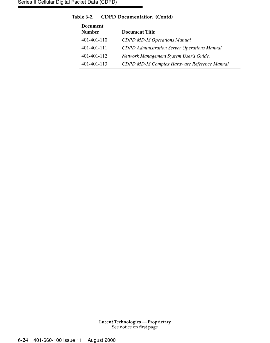 Lucent Technologies — ProprietarySee notice on first page6-24 401-660-100 Issue 11 August 2000Series II Cellular Digital Packet Data (CDPD)401-401-110  CDPD MD-IS Operations Manual 401-401-111  CDPD Administration Server Operations Manual 401-401-112 Network Management System User&apos;s Guide. 401-401-113 CDPD MD-IS Complex Hardware Reference ManualTable 6-2. CDPD Documentation  (Contd)Document Number Document Title